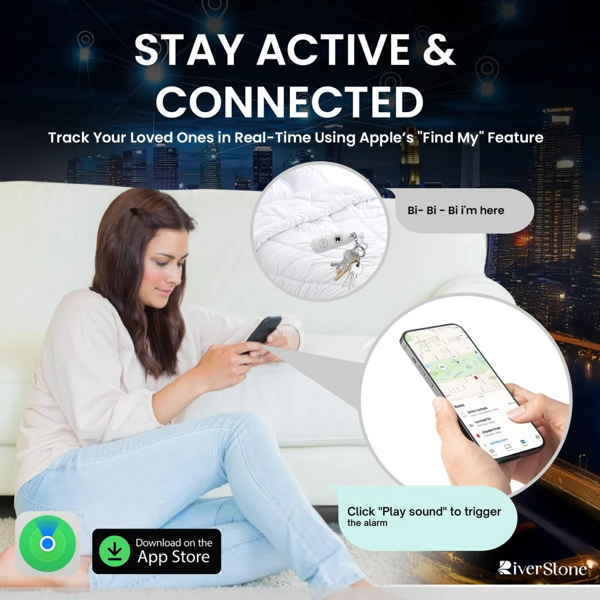 RiverStone Alarme de Sécurité personnelle 130dB pour Apple FindMy iOS (14.5+) Porte-Clés Traceur Anti-Agression, Sirène d’Urgence Femme Enfant Senior, Localisation, Auto-Défense, Batterie Longue Durée