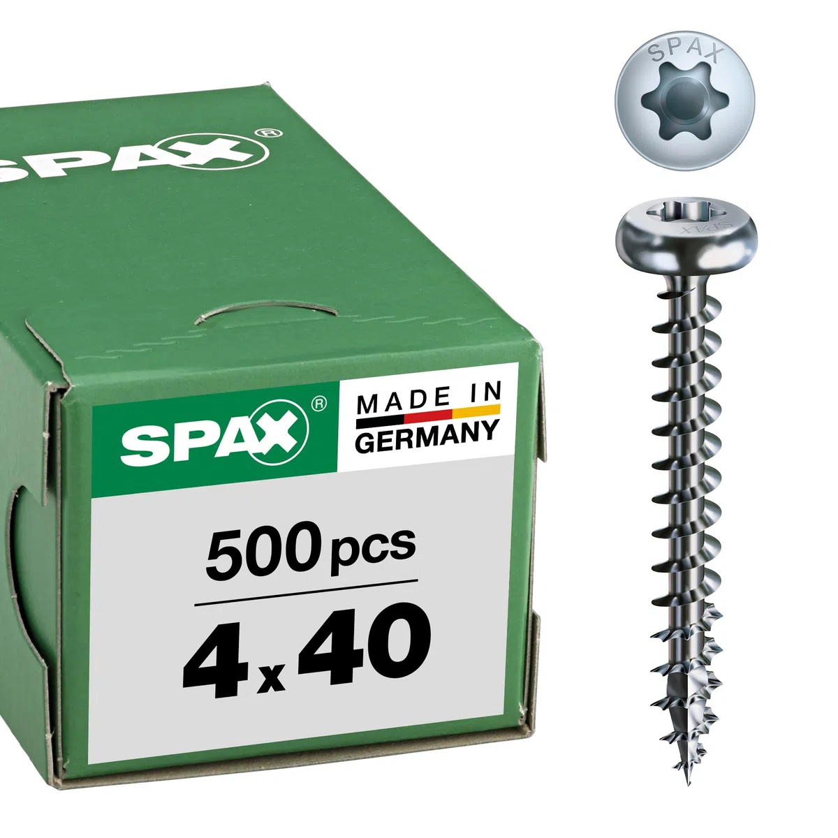 SPAX Vis universelle 4,0 x 40 mm, 500 pièces, T-STAR plus, tête demi-ronde, filetage total, 4CUT, WIROX A9J, galvanisé brillant,