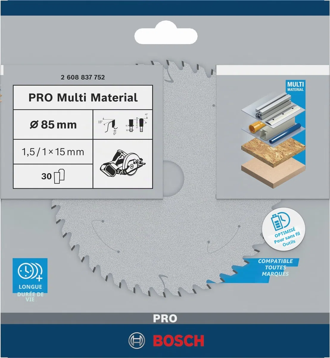 Bosch Professional 1x Lame de scie circulaire Standard for Multi Material (pour multi matériaux, 85 x 15 x 1,5 mm, 30 dents, accessoire de scie circulaire sans fil)