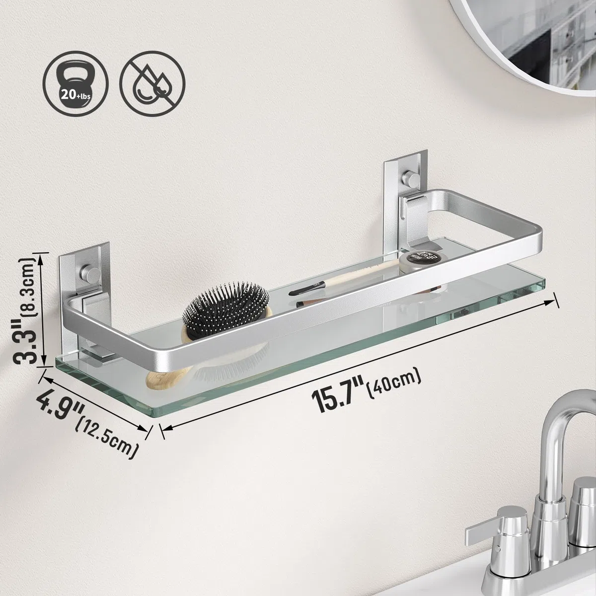 Danpoo Étagère Murale en Verre Tablette Salle de Bain,étagères murales en Verre trempé de 6 mm d'épaisseur pour Salle de Bain avec Support en Aluminium, Organiseur de shampooing, argenté