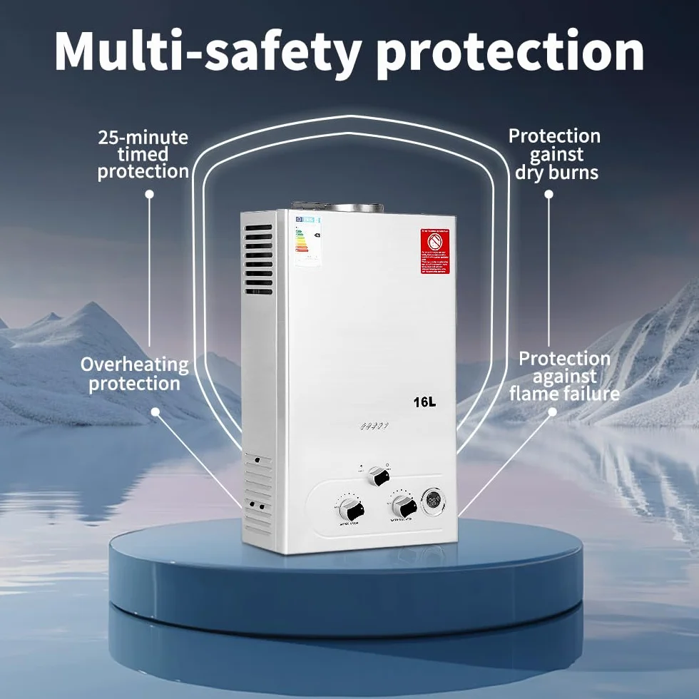 BreeRainz Chauffe-eau à Gaz 16LPM,32KW Chauffe-eau à Gaz GPL Propane Butane,Pression d'eau de Démarrage Super Basse,pour la Maison et I'extérieur
