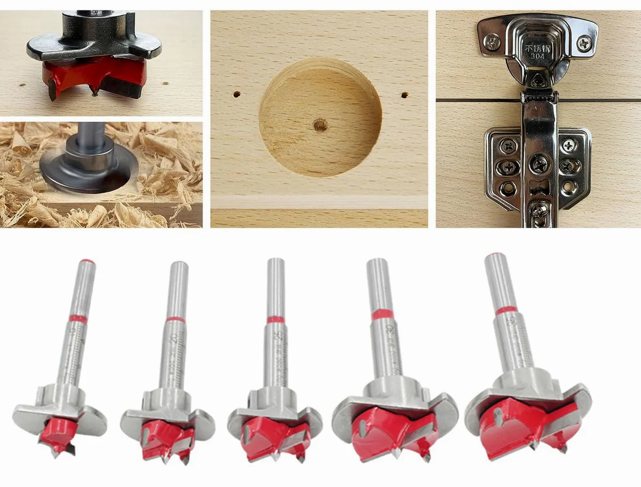 Lot de 5 forets Forstner, 15 mm, 20 mm, 25 mm, 30 mm, 35 mm, en acier au carbone, positionnement ajustable, travail du bois, foret à charnière, foret pour bois tendre et dur