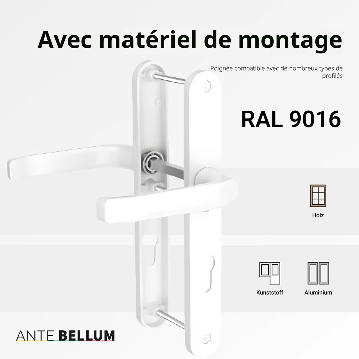 Ante bellum Set de Poignées de Porte Extérieur - Poignée en Aluminium pour Portes d'Entrée Principales et Secondaires, incl. Carré et Vis de Fixation, Optique Moderne, Montage Facile(Blanc Trafic)