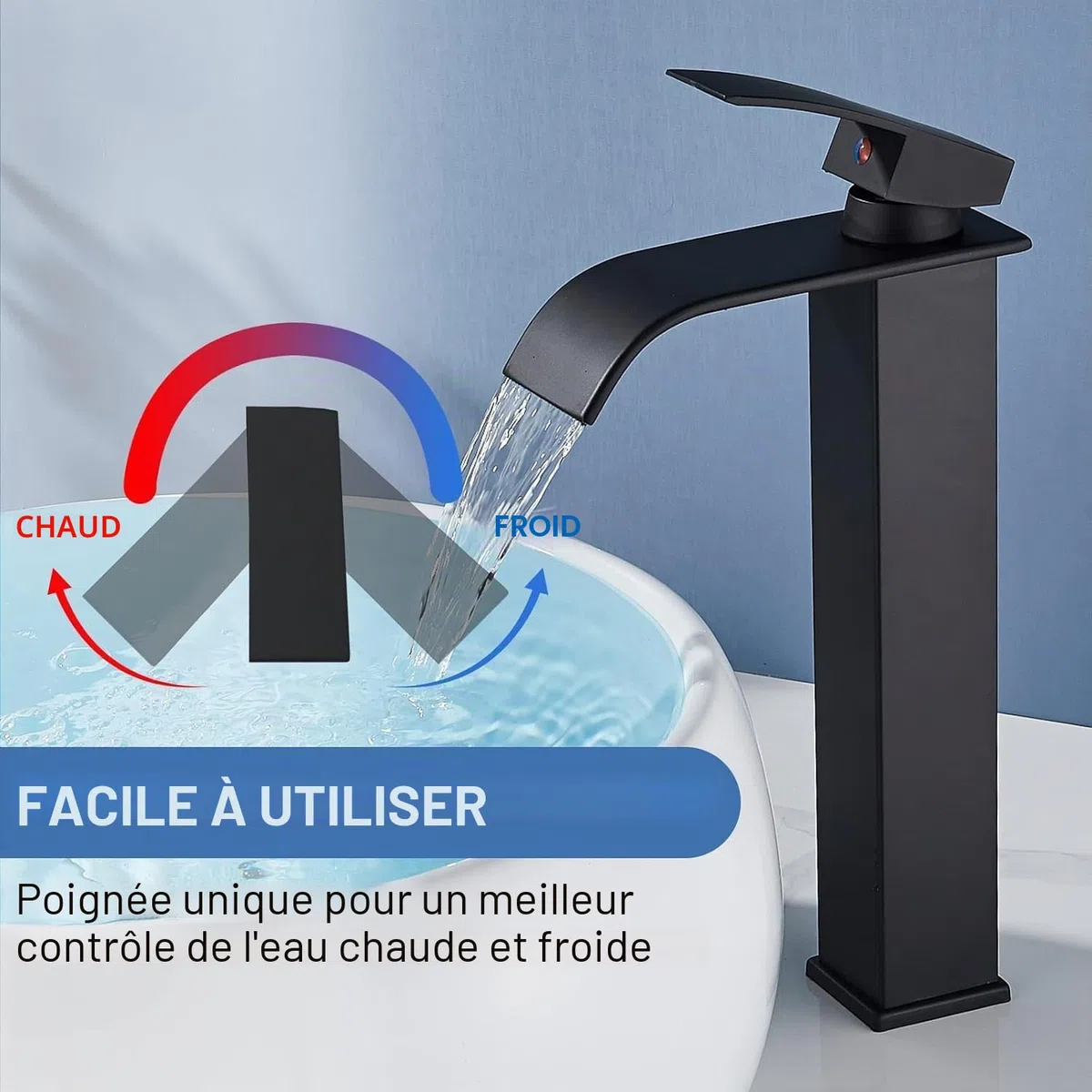 Robinet de lavabo cascade, noir, cascade, haut, moderne, mitigeur monocommande en laiton, économie d'énergie, économie d'eau