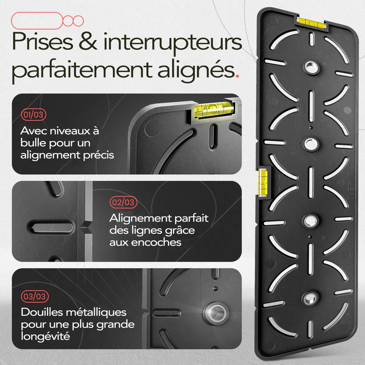 LAINFELD Gabarit de perçage pour prises | Incl. niveau à bulle | Niveau à bulle pour électriciens pour prise encastrée, boîtier encastré, boîtier à encastrer, boîtier à châssis de base