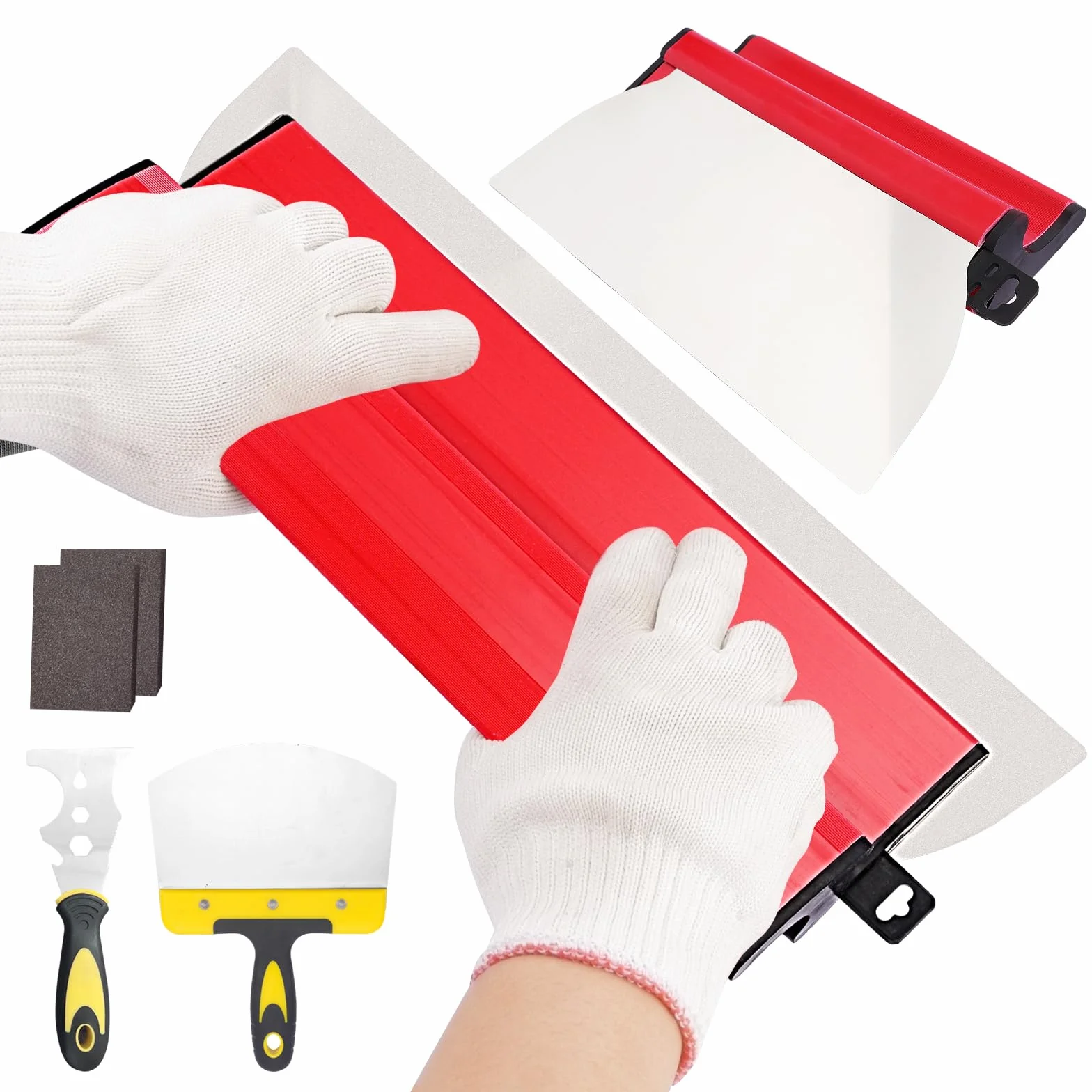Spatule Enduit Set,Couteau a Enduire,Grattoir à Cloisons SèChes Professionnel avec Manche en Forme de Z,avec Spatule à Enduit,Outil Multifonctions,2 Éponges de PonçAge,Pour Le PlâTrage de Mur