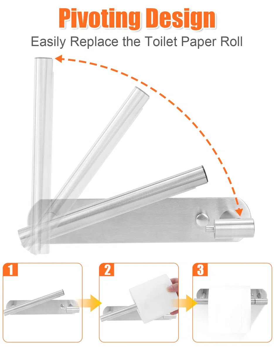 YUET Porte Papier Toilette, Support Papier Toilette Adhésif ou Mural, Double Support Pivotant, Porte-Papier hygiénique sans Perçage Acier Inoxydable pour Salle de Bain, Cuisine (Argenté)