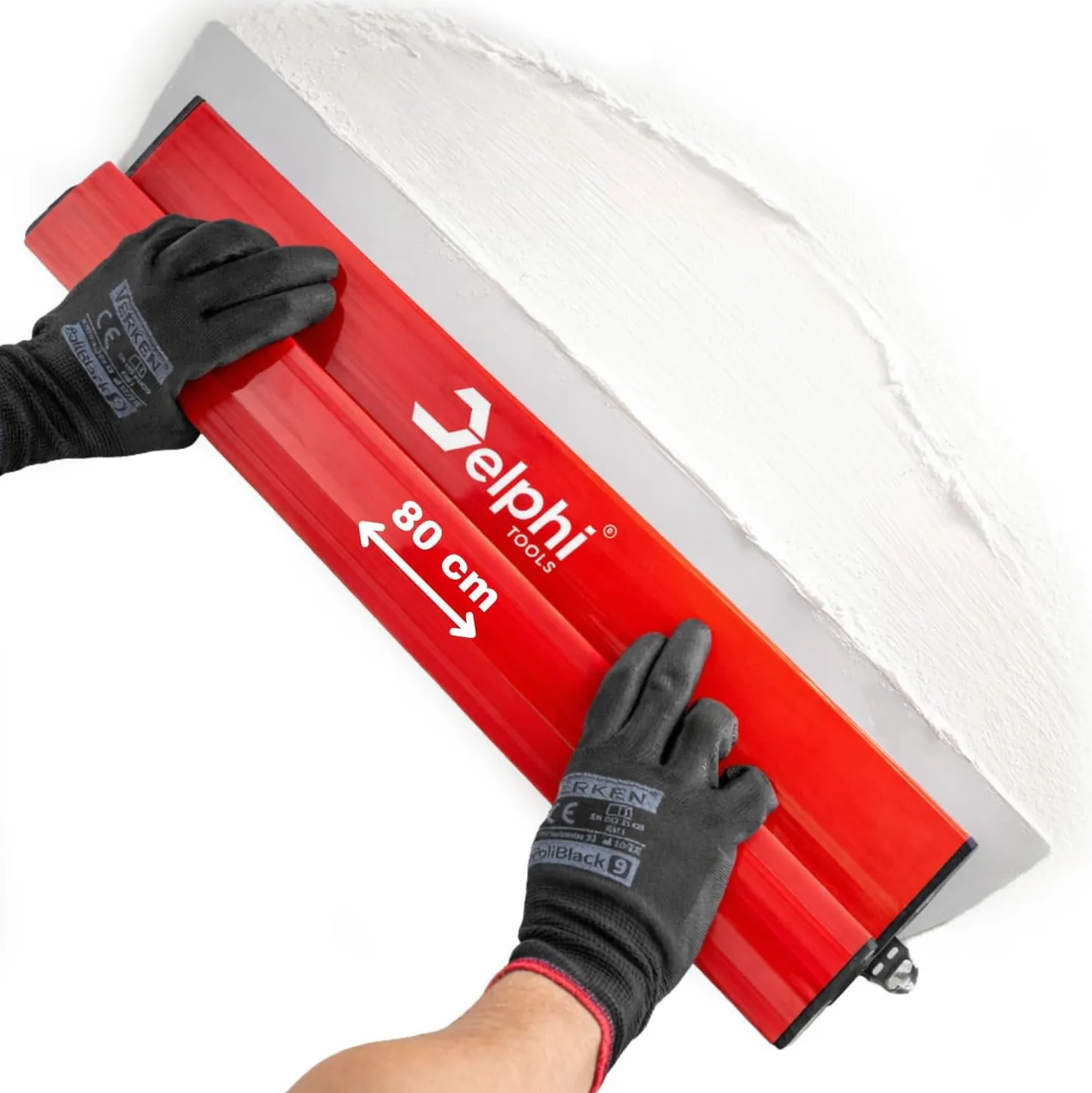 Delphi Spatule Enduit (40/60/80/100 cm) - Spatule 80 cm avec Lame en Acier Inoxydable 0,3 mm | Couteau à Enduire pour Lisser Murs et Plafonds | Pour Enduit, Plâtre, Peinture, Colle + 2 Éponges GRATIS