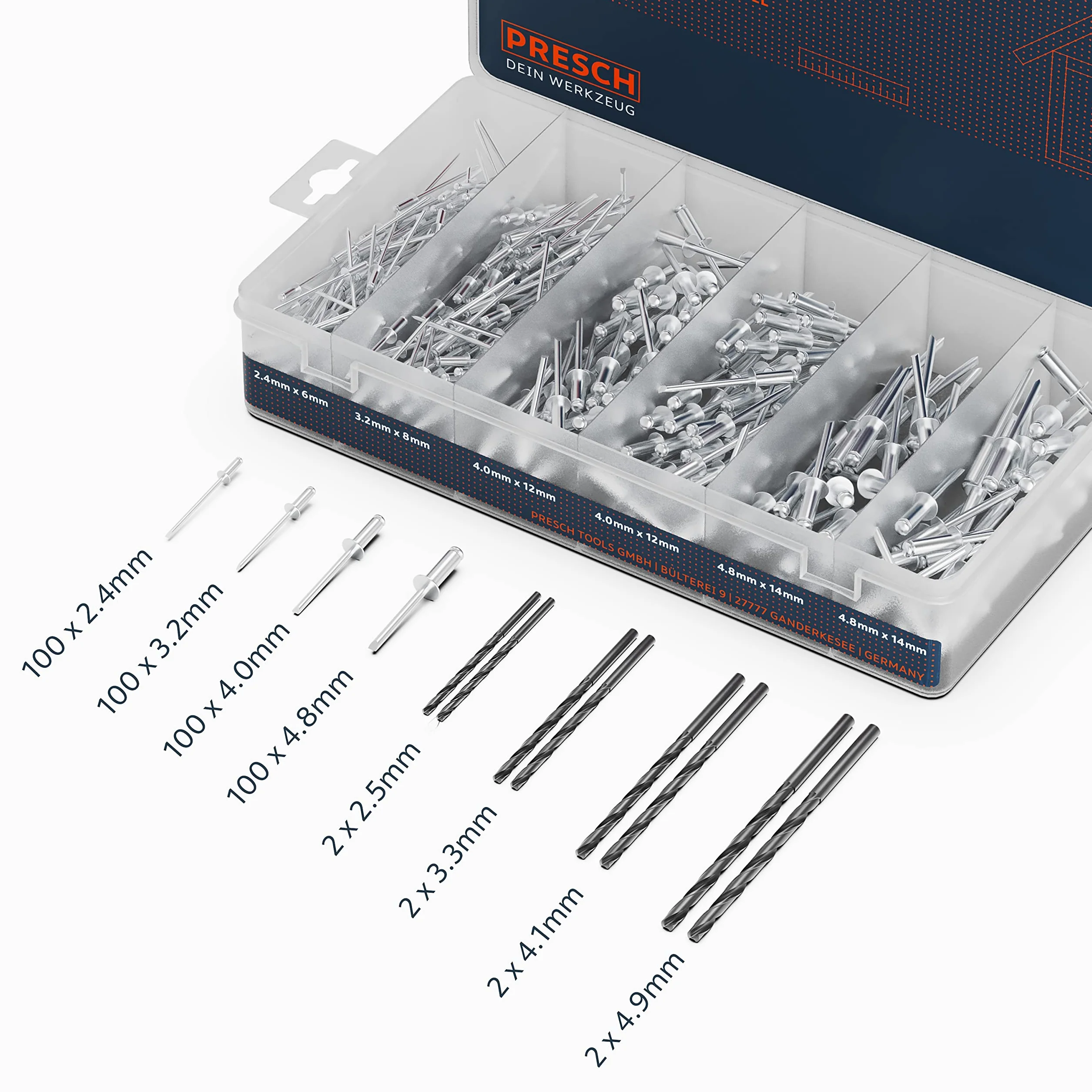 Presch Kit de rivets aveugles 408 pièces avec forets HSS - Lot de 400 rivets alu/acier 2,4mm, 3,2mm, 4,0mm et 4,8mm et 8 forets HSS correspondants 2,5mm, 3,3mm, 4,1mm et 4,9mm