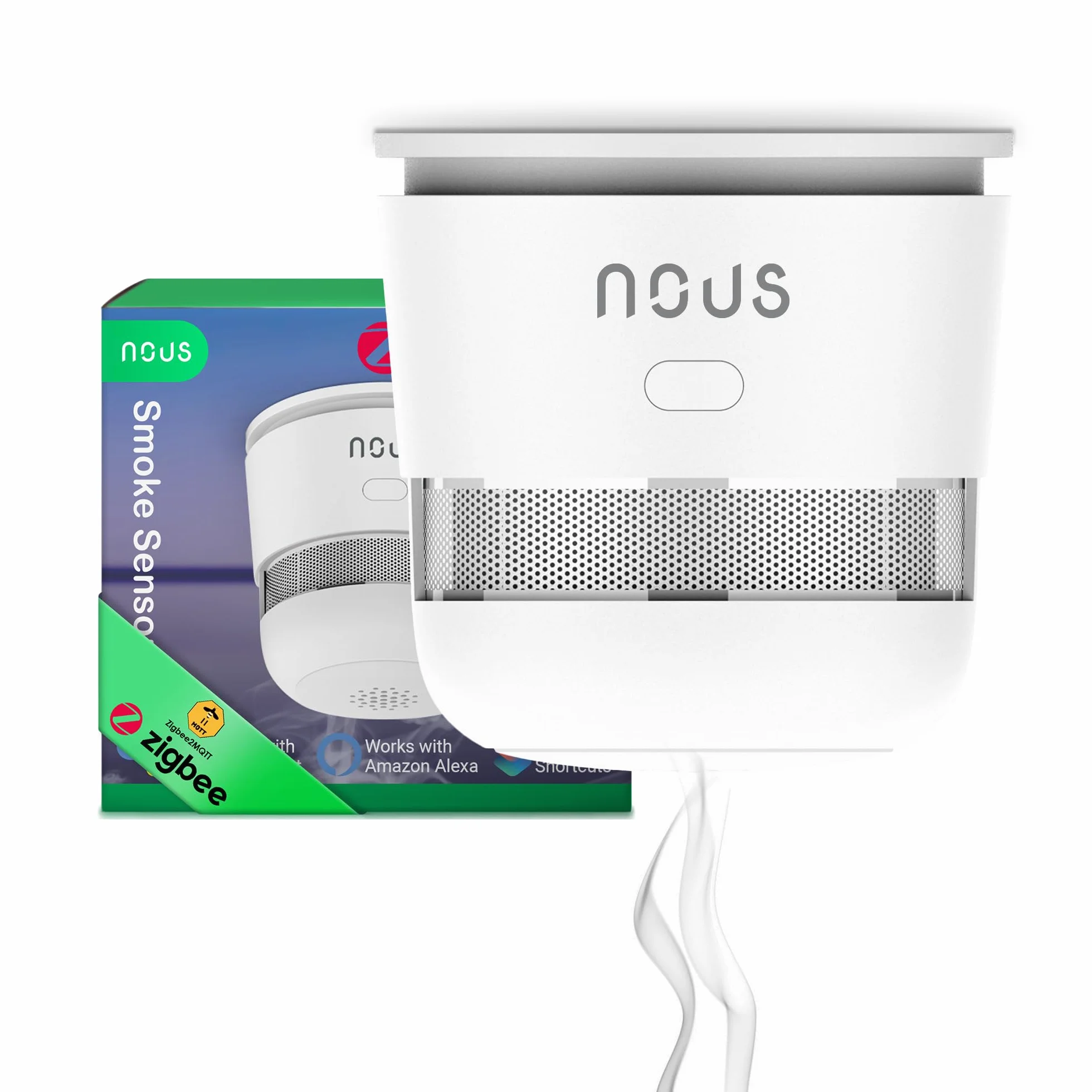 NOUS E8 Détecteur de Fumée Zigbee Intelligent, Capteur Photoélectrique avec Alarme 85dB, Batterie 3 Ans, Contrôle Via Application, Compatible Alexa, Google Assistant, pour Maison Et Bureau