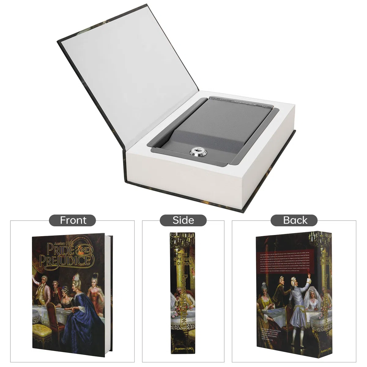 Boîte de rangement sûre de livre de détournement de papier réel, coffre-fort secret de dictionnaire avec serrure de code/clé, coffre-fort caché de livre de flip (Clé d'Orgueil et Préjugés)