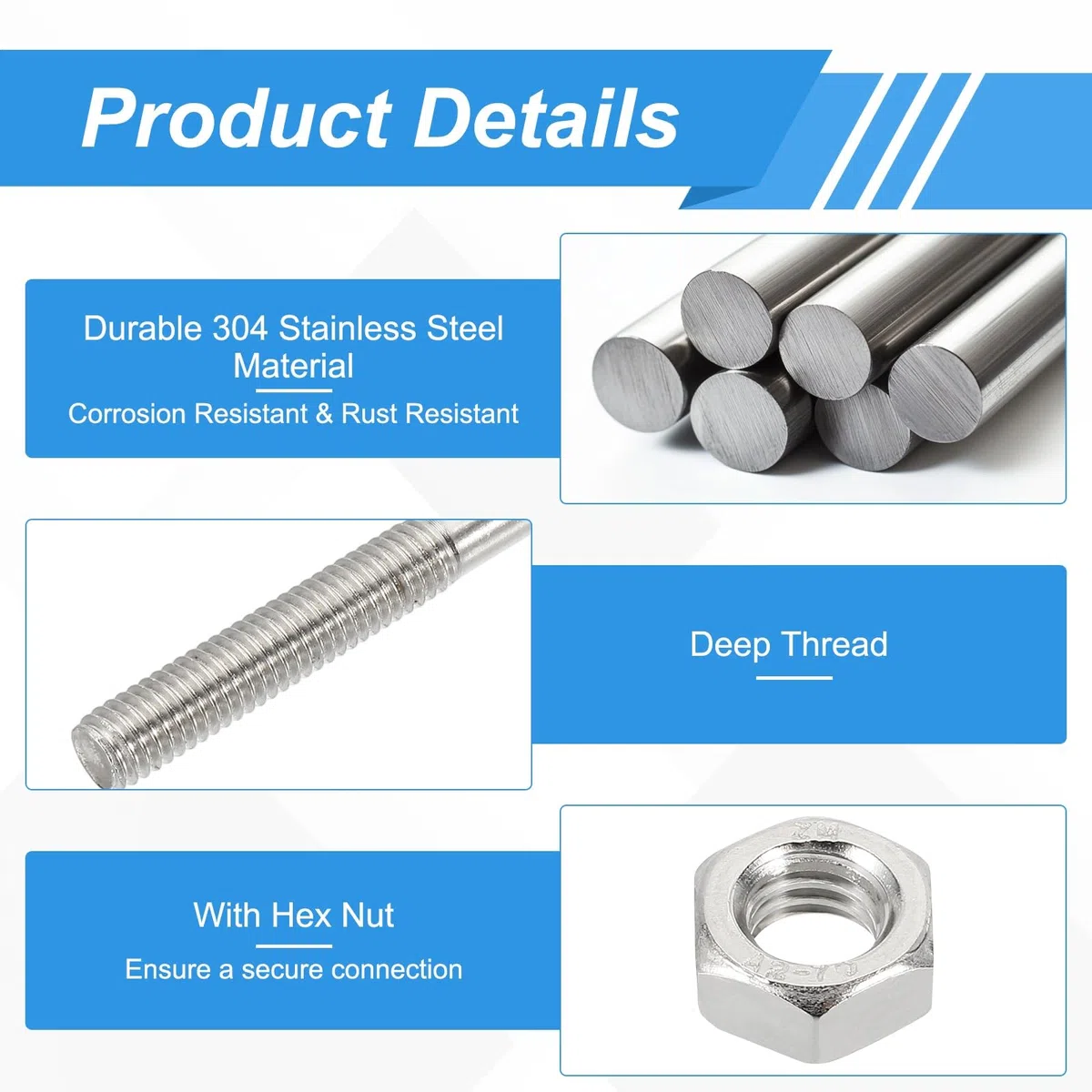 sourcing map Lot de 8 boulons en U M6 de 18 mm de largeur intérieure de 37 mm de long en acier inoxydable 304 avec écrous et plaques pour bateau de ski, bateau de pêche