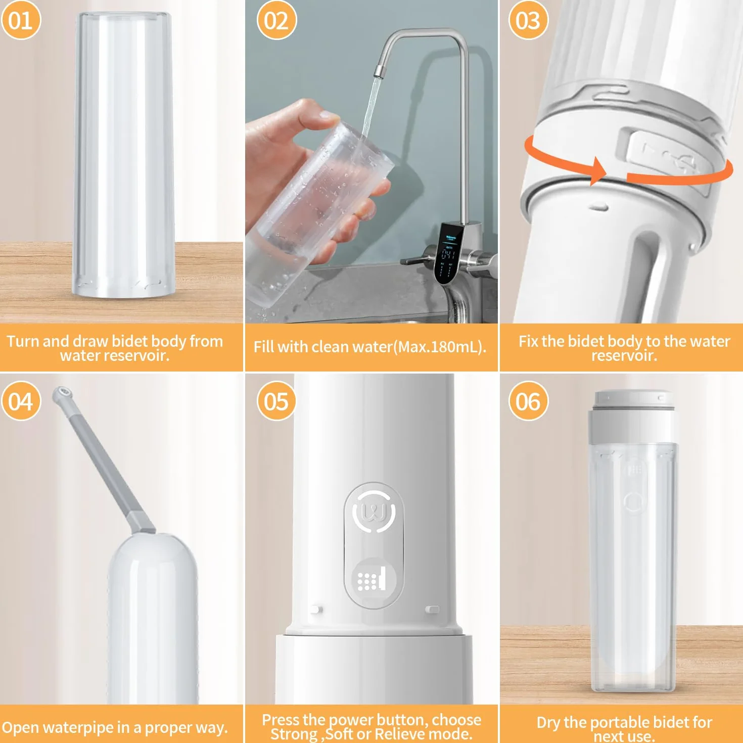 Bidet de voyage portable rechargeable 180ML, pulvérisateur électrique de bidet étanche IPX7 avec 3 modes de pulvérisation pour l'hygiène personnelle, le nettoyage et les soins postnatals apaisants