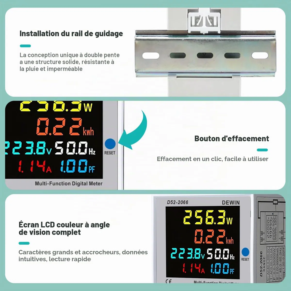 DeWin Compteur d'électricité Numérique, Compteur d'énergie Monophasé Courant Tension Puissance KWH Compteur 6 en 1 Compteur d'énergie avec écran LCD AC 40-300V 0-100A