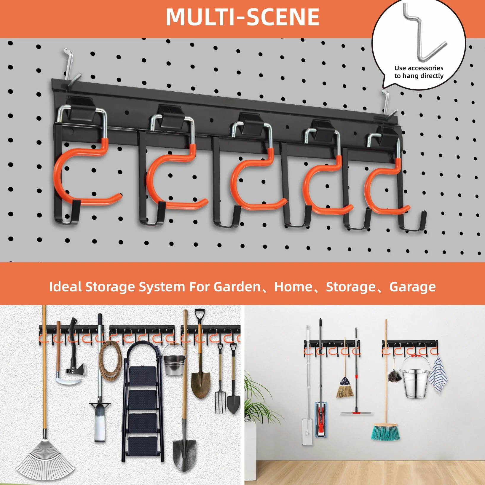 68" Garage/Jardin mural organisateur Garage & Locker avec petit crochet en U pour garage, vélos, échelles, vélos, chaises, balais, râteaux, pelles, pelles (4 rails)