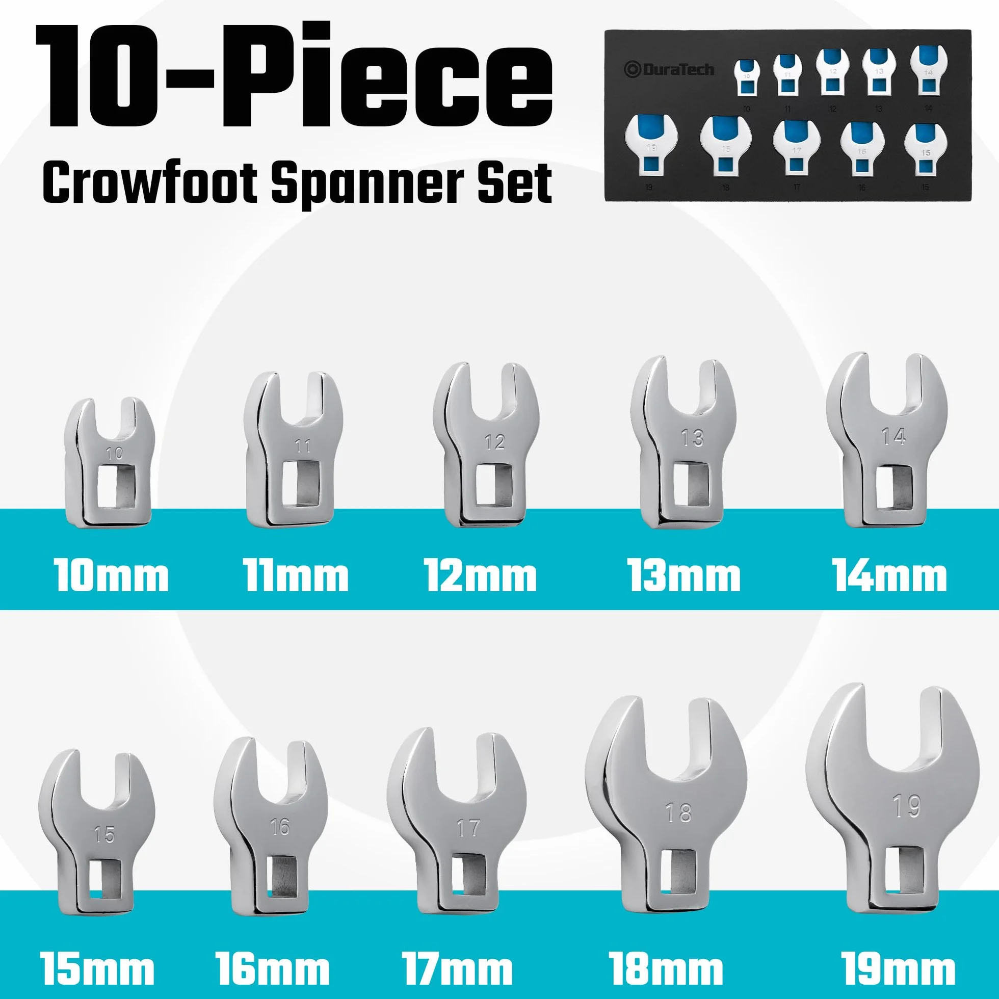 DURATECH Jeu de Clés à Patte d'Oie à Tête Pivotante 3/8", 10 Pièces Clé à Écrou Évasé, Jeu de Clés Crowfoot à Tuyauter 10-19 mm, Acier Cr-V, avec Organisateur d'Outils en Mousse EVA