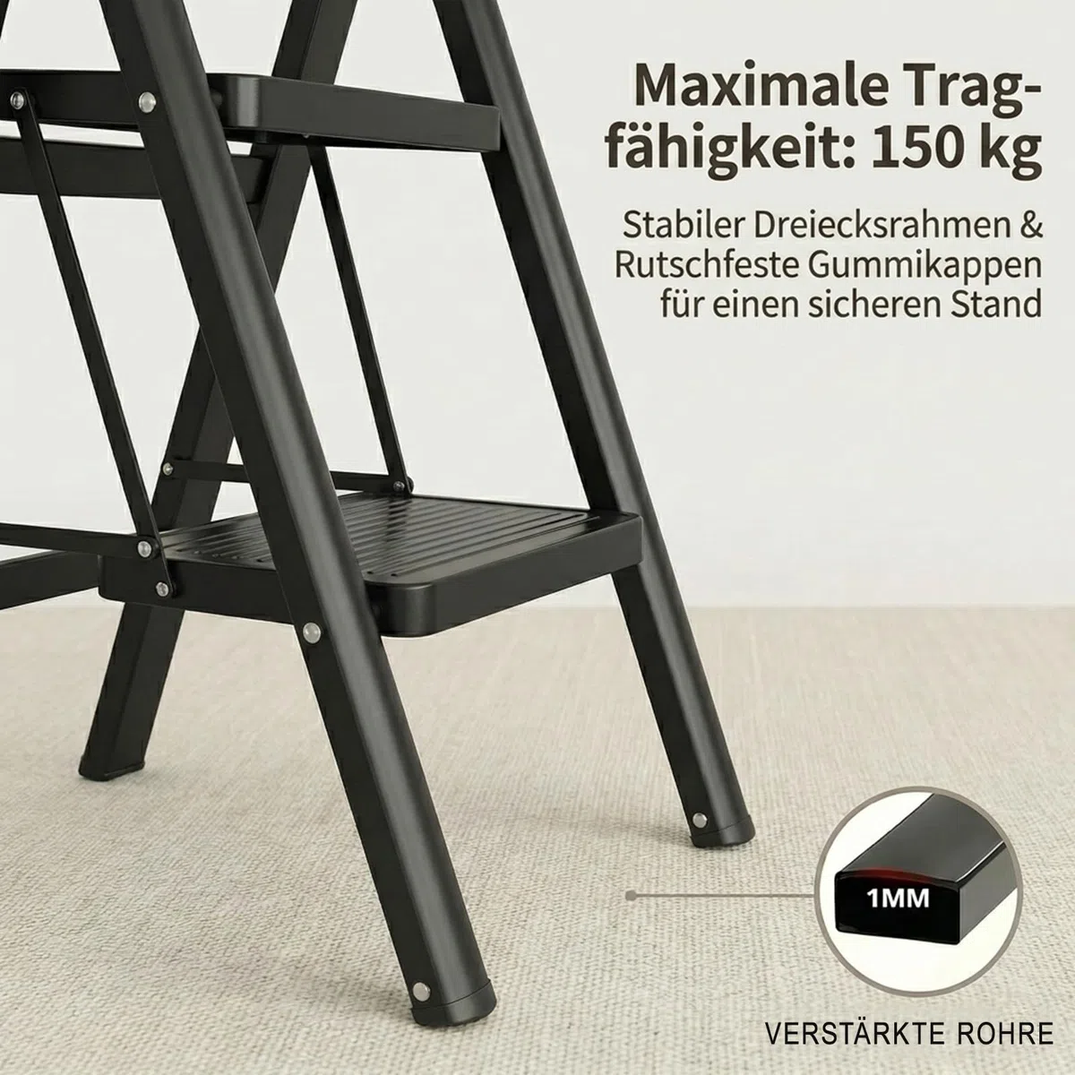 Escabeau pliable à 2 marches avec large pédale antidérapante, marchepied d'une capacité de 150 kg, pour la maison, le garde-manger, l'intérieur et l'extérieur (2 marches)