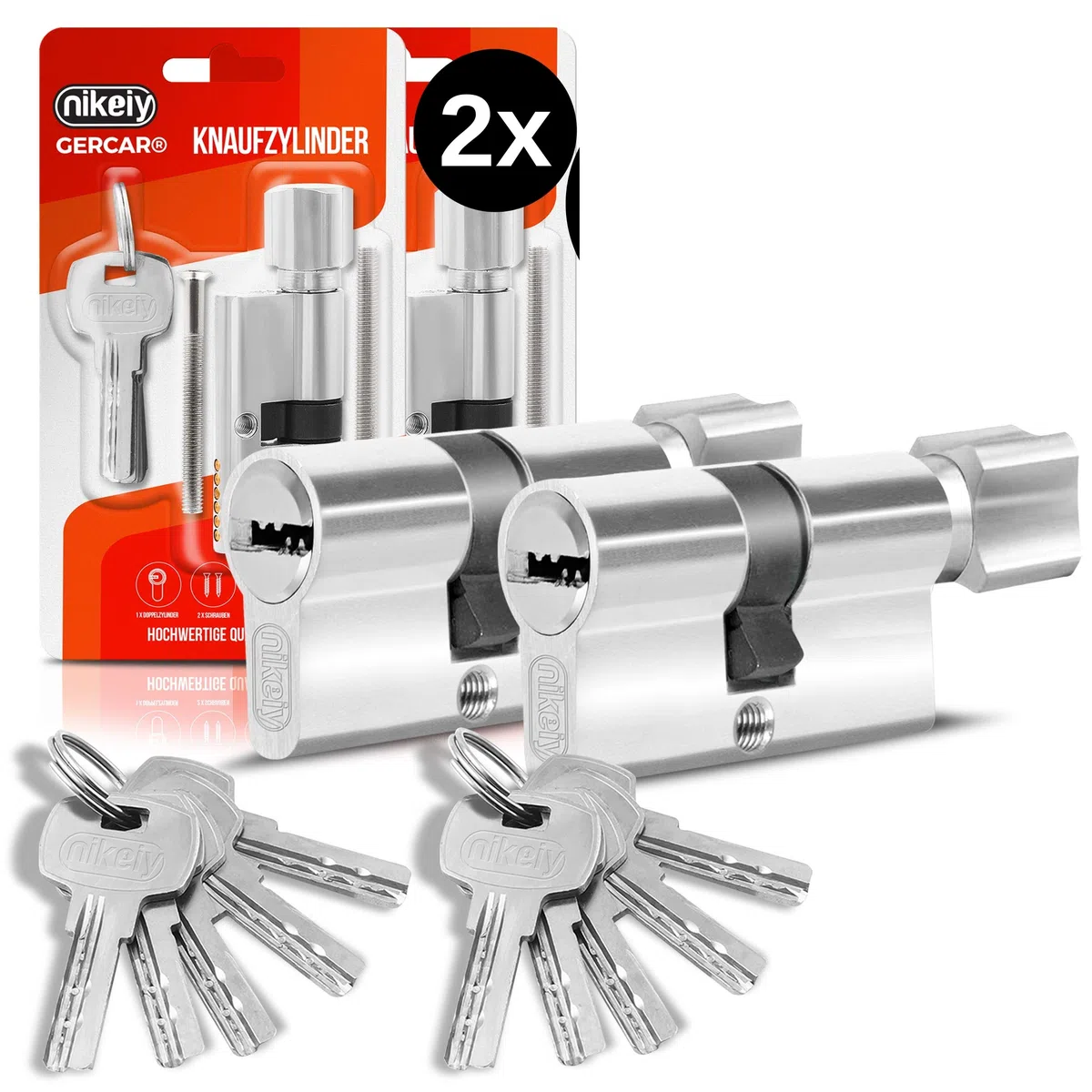 GERCAR Lot de 2 cylindres de fermeture à bouton - Serrure de porte - 45/45 - Avec 10 clés - Serrure à cylindre avec bouton - Longueur : 90 mm, A : 45 B : 45 - Lot de 2.