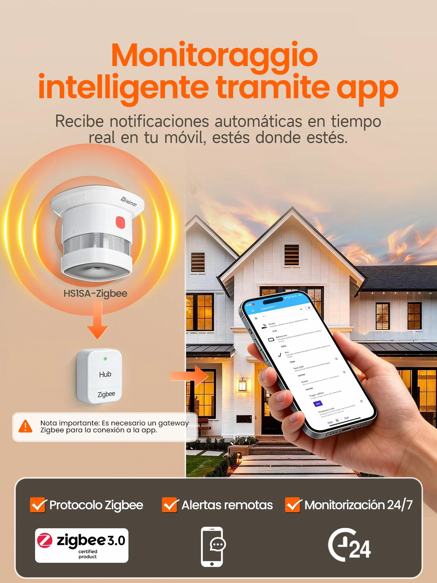 Heiman Détecteur de Fumée Zigbee 3.0 HS1SA-E-PLUS, Detecteur de Fumée Intelligent, Pile Remplaçable 5 Ans, Capteur Photoélectrique, Support ZHA & Z2M (Requires Zigbee Hub), Lot de 1