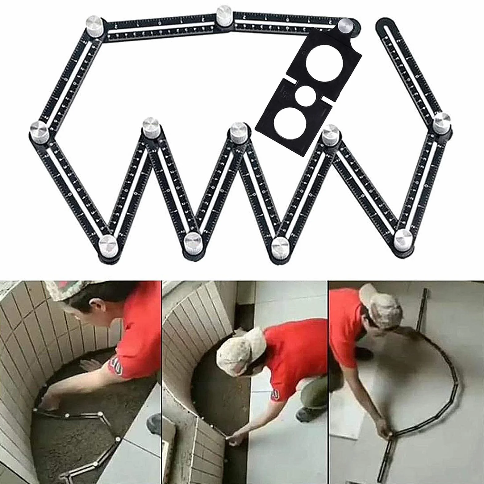 Outil de Template - Gabarit d'angle - Règle de mesure multi-angle - En alliage d'aluminium - 12 côtés - Outil de tuiles avec trou - Noir