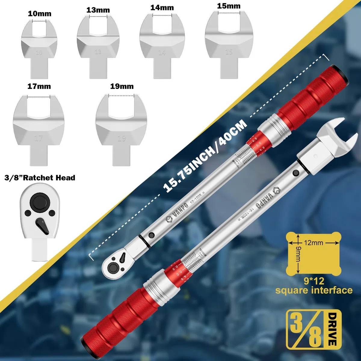 VANPO Clé dynamométrique ouverte 10-100Nm, 9x12mm Clé Dynamométrique Interchangeable, Tête à Cliquet 3/8", 10/13/14/15/17/19mm Tête Extrémité Ouverte, pour Réparation de Climatisation