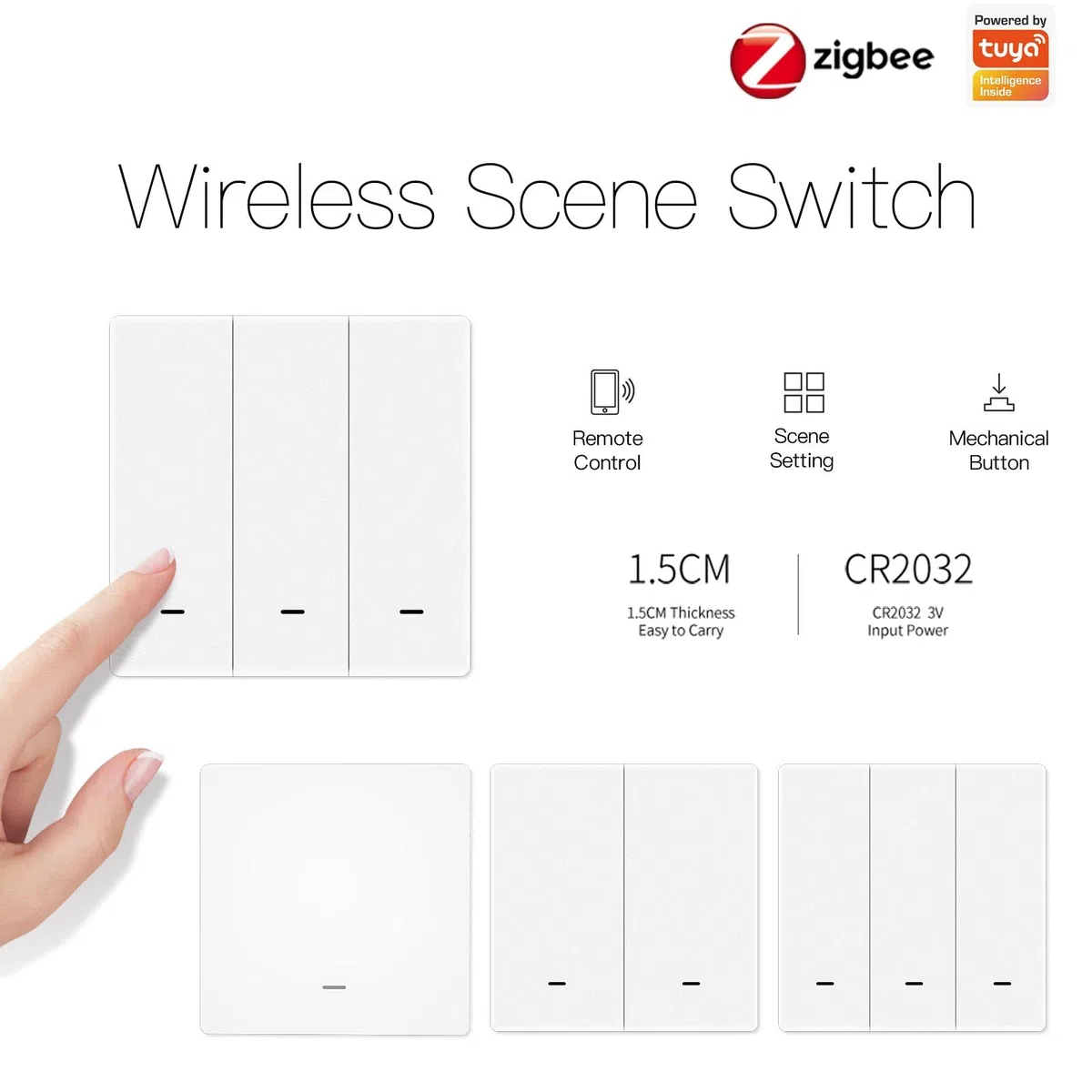 Tuya ZigBee Commutateur de Scène sans Fil 1 Gang | Alimenté par 3 piles, bouton mécanique pour scène domotique, Tuya Zigbee Hub requis