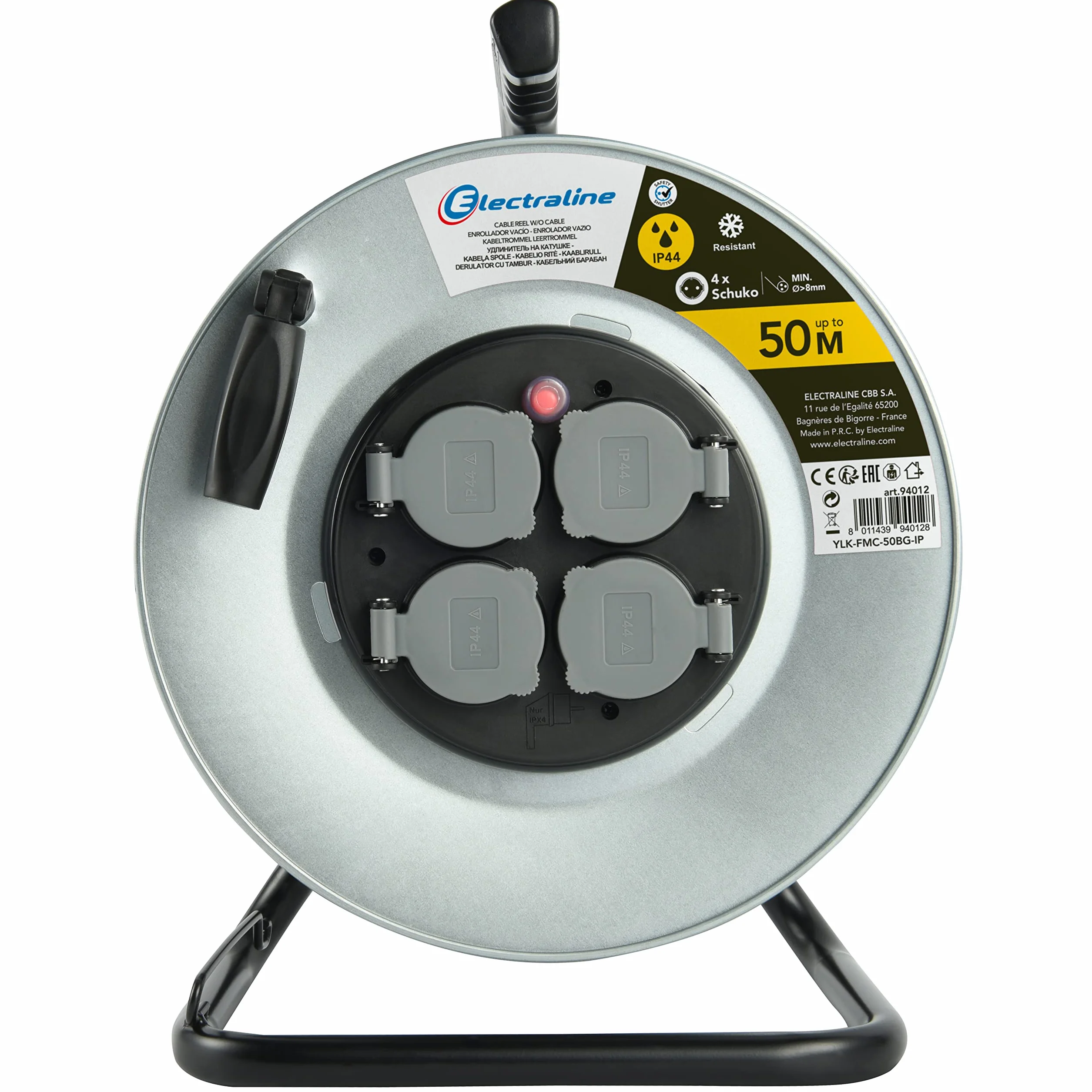 Electraline 94012 Bobine de construction métallique professionnelle 4 prises IP44 Sans passage des câbles et poignée ergonomique, convient aux gants de travail