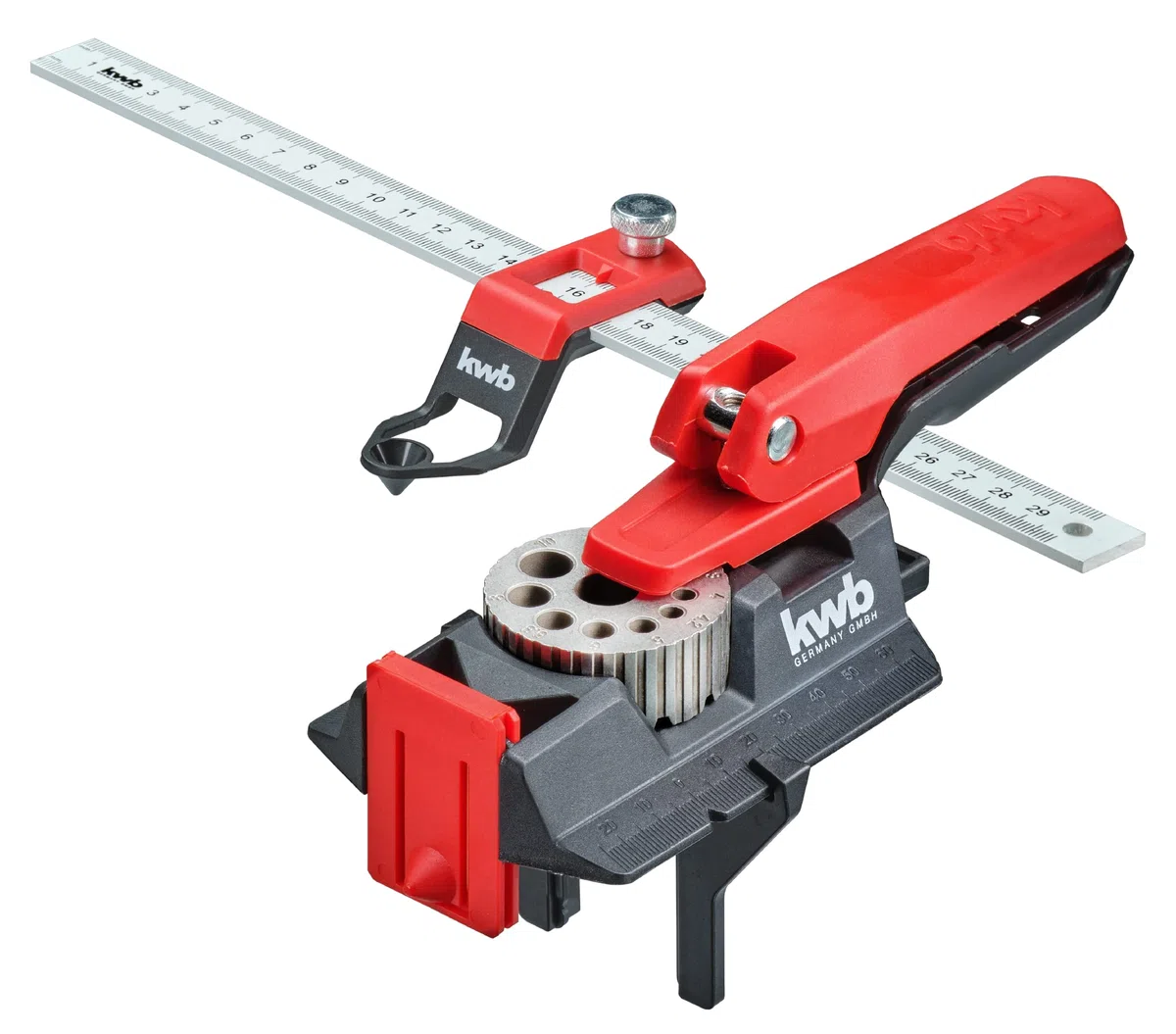kwb Cheveux/cheville avec règle de 30 cm, trous de 3 à 12 mm avec trous de base, pochoir de perçage droit en bois, métal et plus encore, perceuse à chevilles | Corps plastique robuste | perçages 3–12 mm, d’avant-trou inclus | patins caoutchouc antidérapan