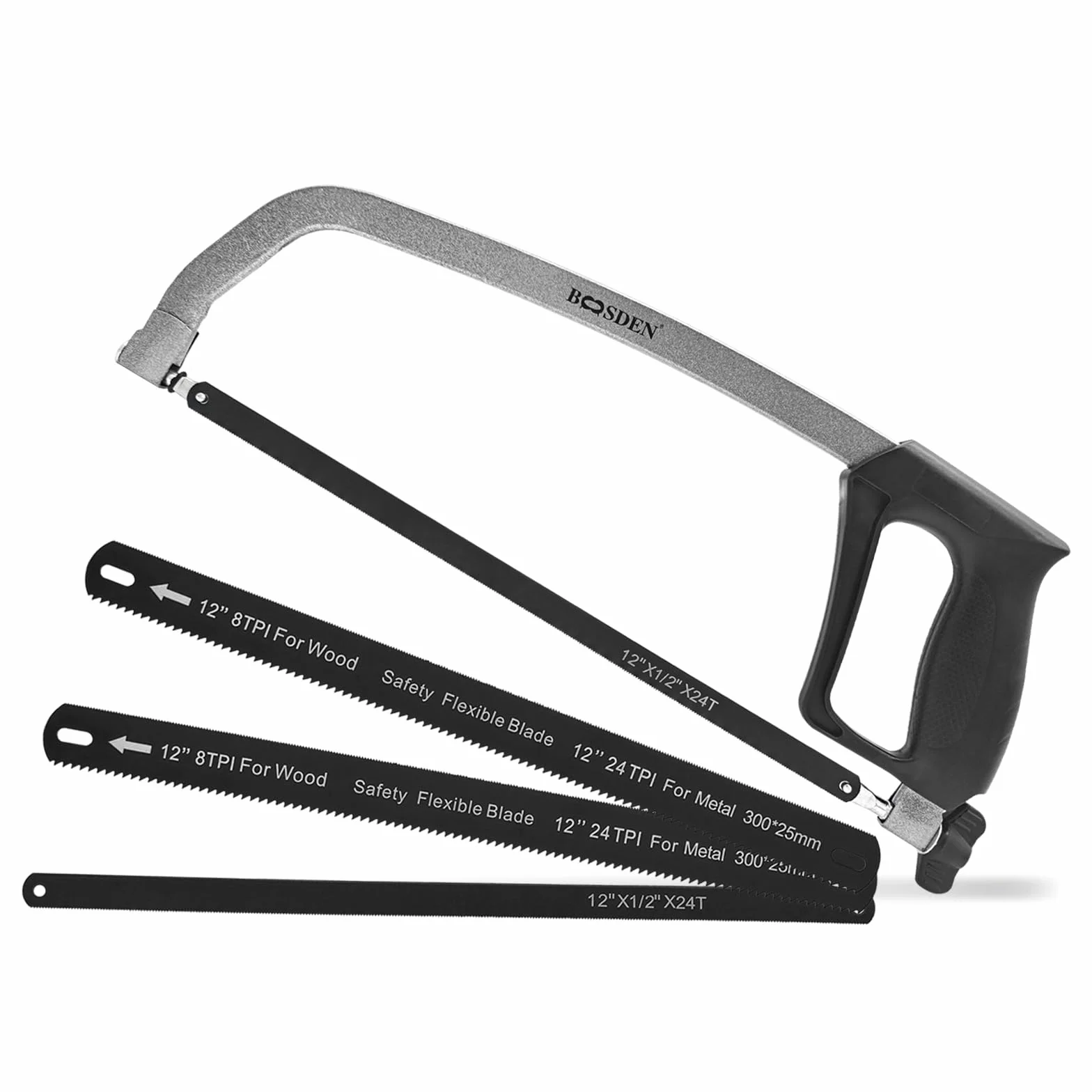 BOOSDEN Scie à métaux, 300 mm, avec 3 lames interchangeables, scie à métaux pour le métal, le bois, l'acier, les tuyaux en PVC et le plastique