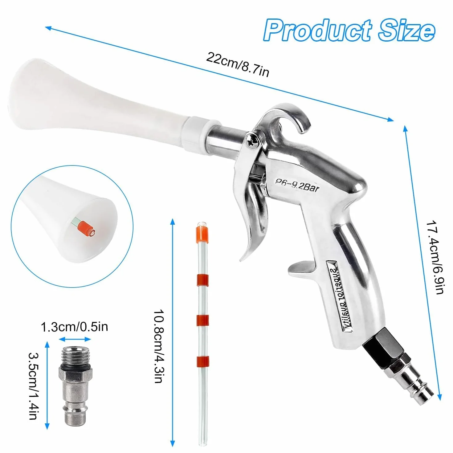 Pistolet de Nettoyage à Air Comprimé, 6-9,2 Bar Pistolet Air Comprimé, Haute Pression Soufflette Air Comprimé avec 5 Tubes, pour Nettoyer les Voitures, Les Sols et Les Plafonds
