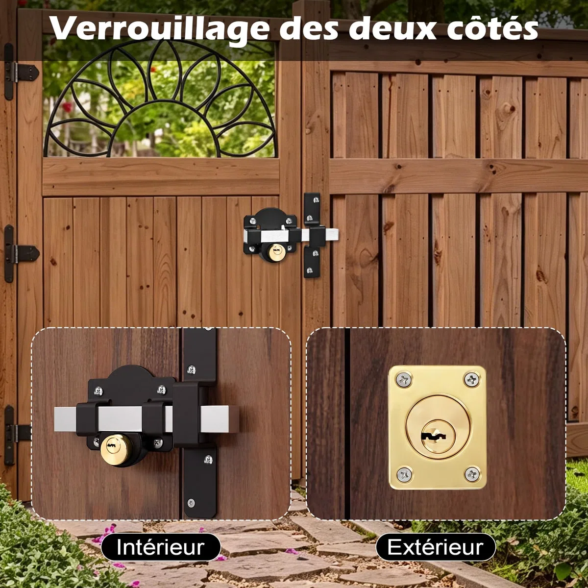 Serrure de portail à longue portée, convient pour porte droite et gauche, serrure à mortaise, verrouillage double face, 5 clés (50 mm)