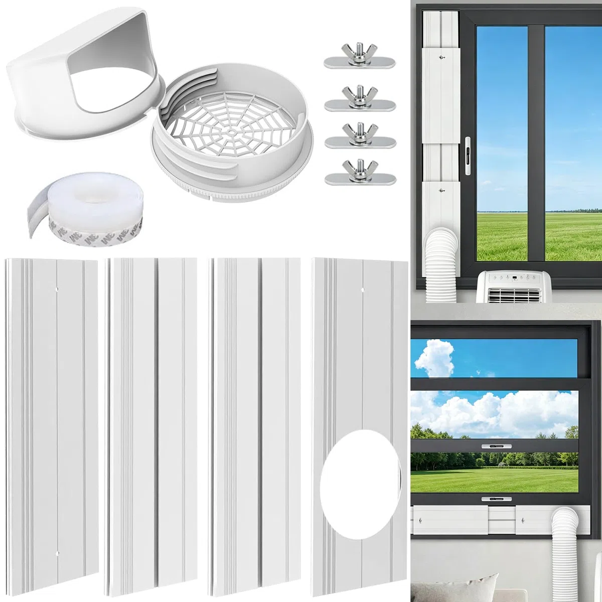 Kit de Fenêtre Climatiseur Mobile, Kit Calfeutrage Baie Vitrée 4 Pièces, Joint de Fenêtre Réglable avec Adaptateur Universel Ø13/15cm, Plaque d'Évacuation pour Fenêtre Coulissante et Velux