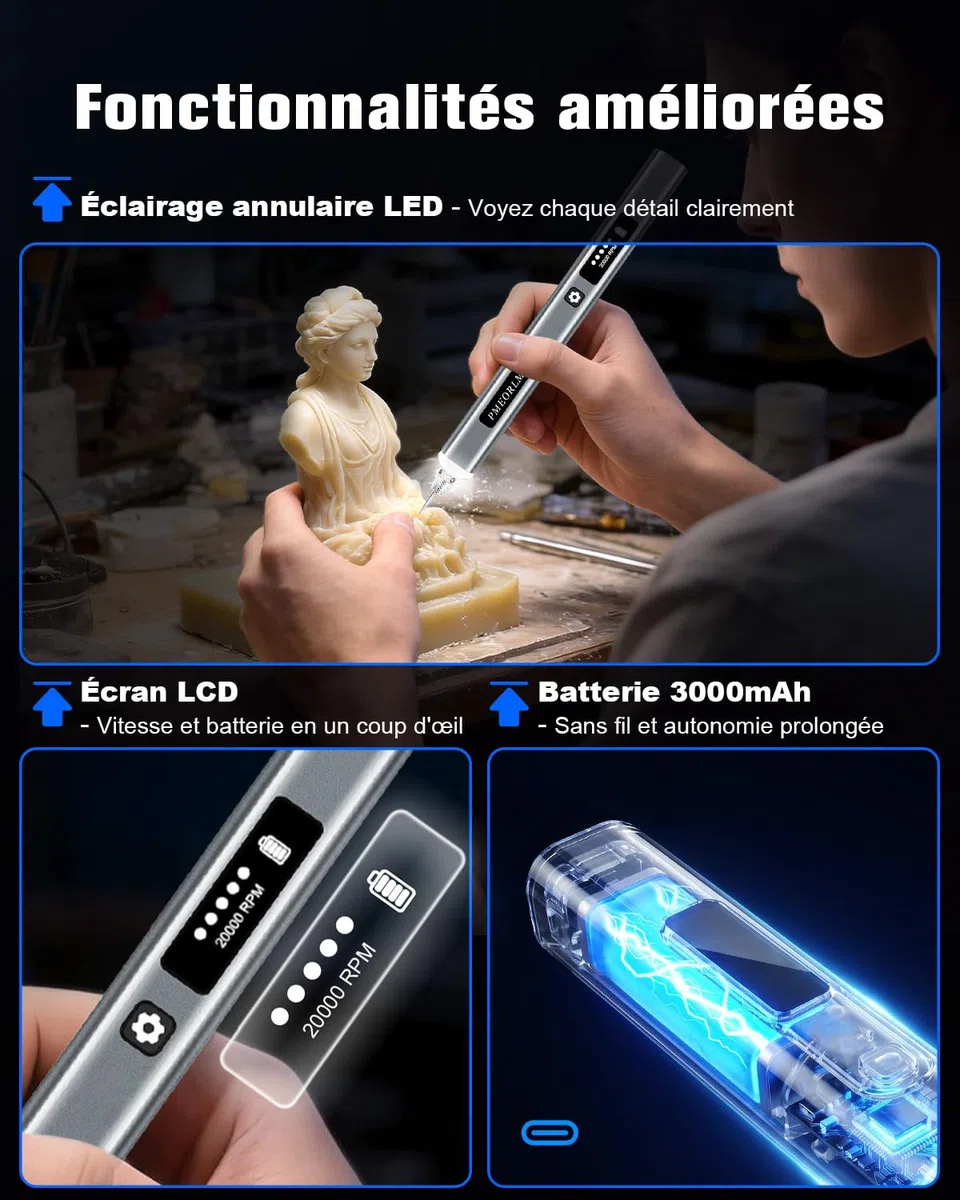 Stylo de gravure électrique – Gravez plus de 50 surfaces – Écran LCD, lumière LED, 5 vitesses, 30+ accessoires, charge USB-C – Graveur bijouterie, idéal bijoutiers, modélistes et créatifs