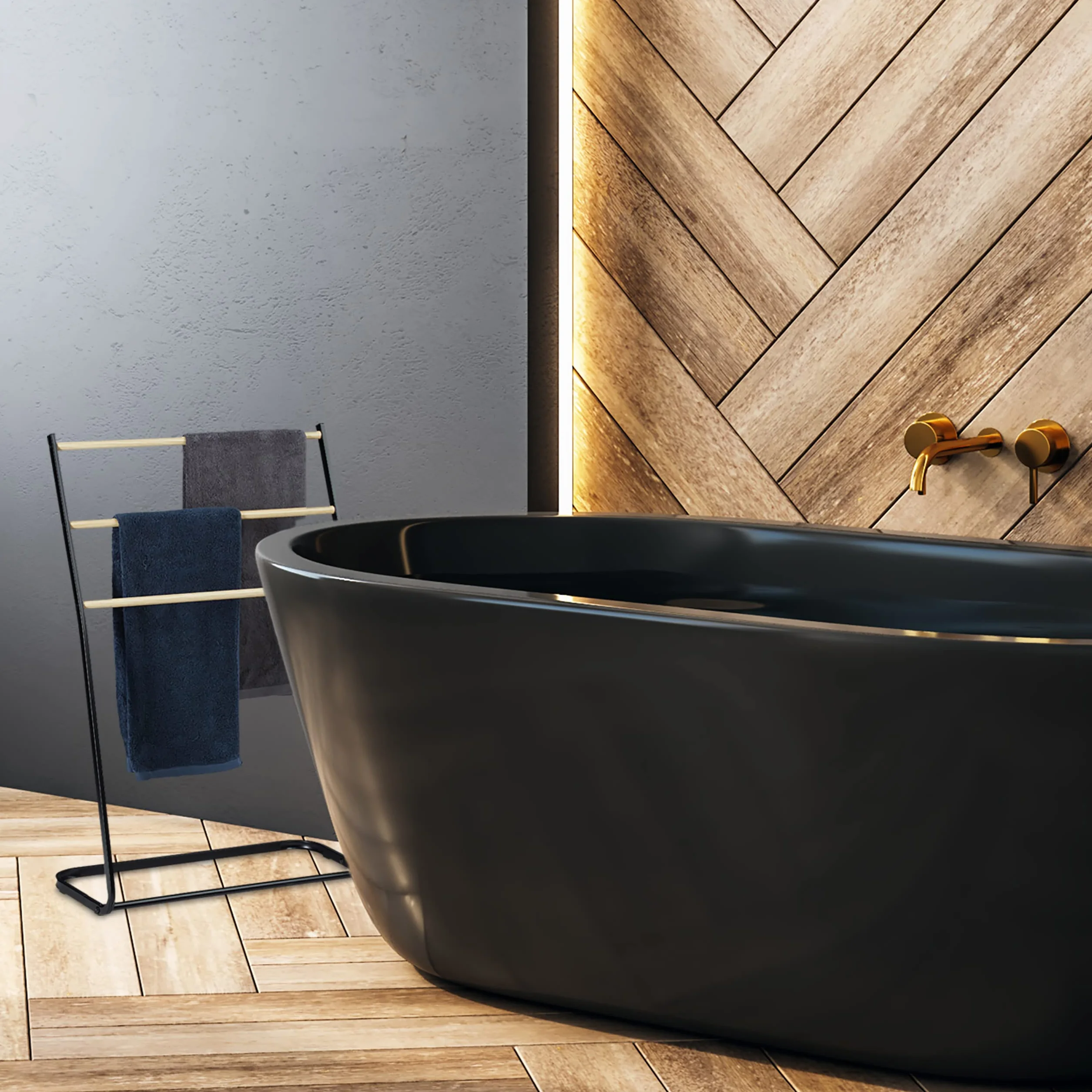 Relaxdays, noir Porte pieds, échelle, escalier 3 barres, métal bois support serviette bain, 86x58x30 cm, fer, 1 élément