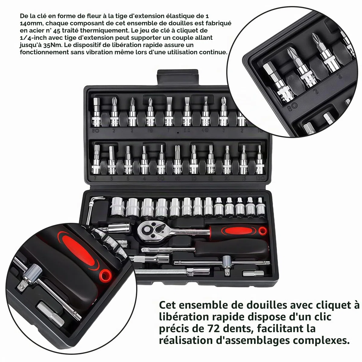 Coffret de clés à cliquet 46 pièces Petit : Cliquet à changement rapide à serrage rapide, clés à douille en acier Cr-V avec cliquet à changement rapide de 6,35 mm, jeu de douilles, pour