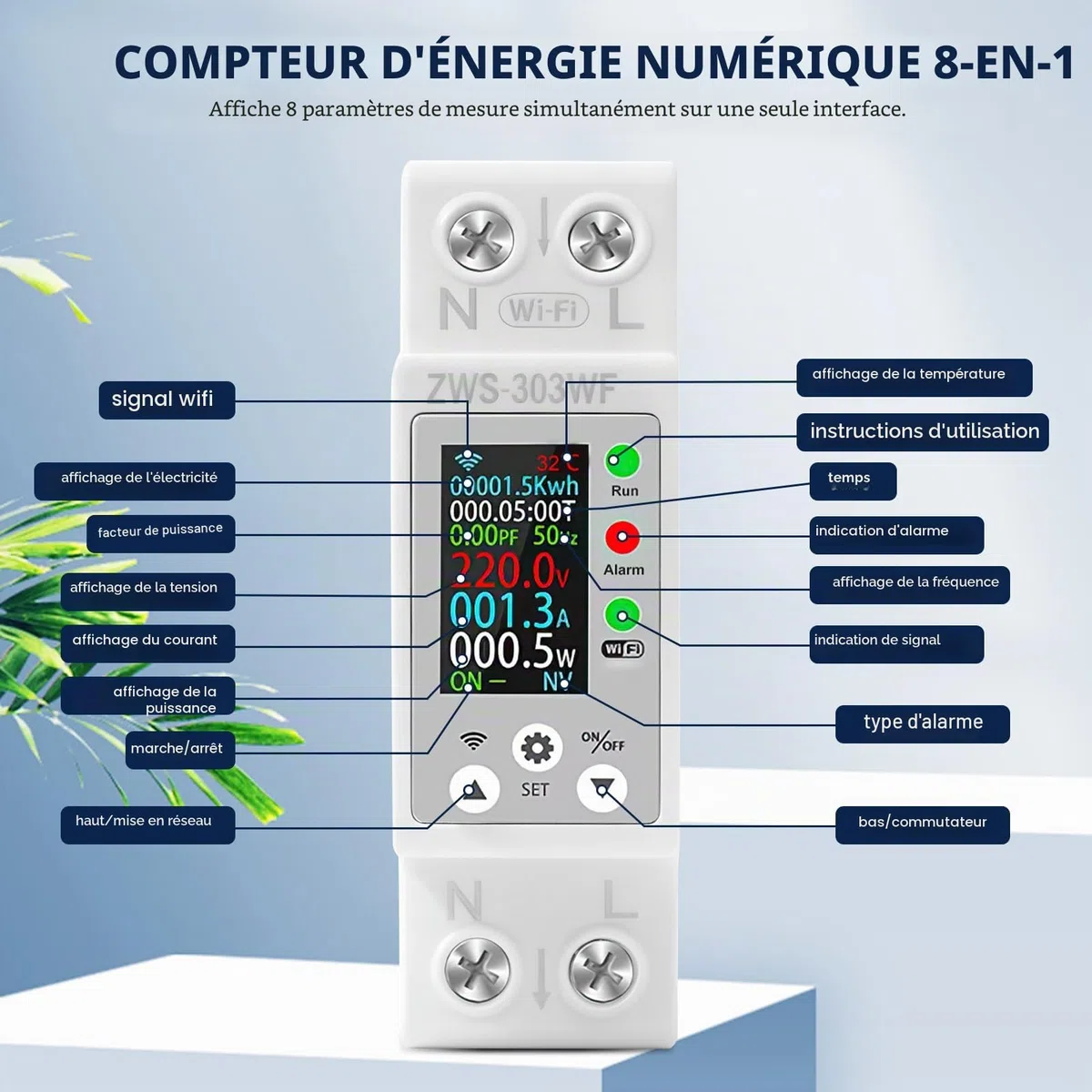 Compteur electrique connecté 63A TUYA compteur électrique wifi Intelligent compteurs d'énergie monophasé AC80-300V avec Protection contre les fuites de surcharge de surintensité ZWS-303WF
