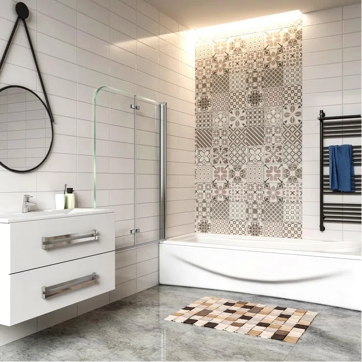Pare-baignoire 90x140cm à 2 volets, écran de douche pivotant et pliant, paroi de baignoire en verre securit clair et anticalcaire