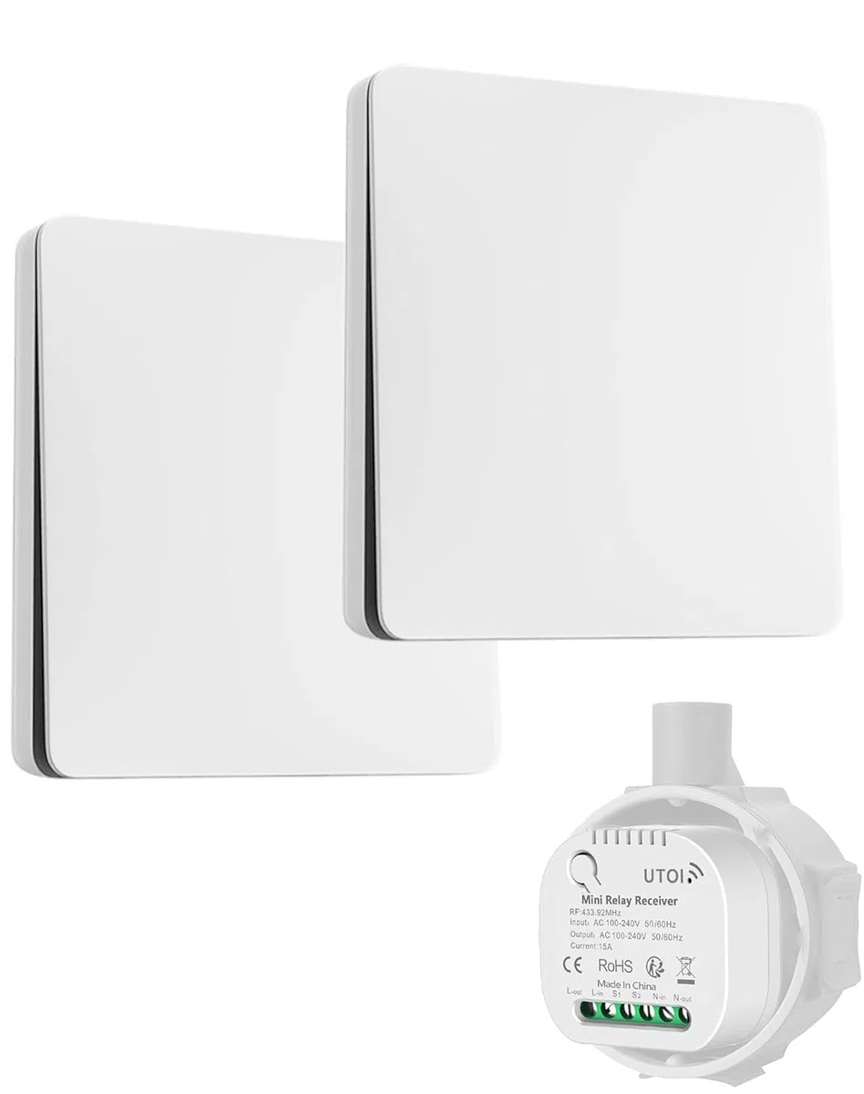 Interrupteur Sans Fil Sans Pile, Kit Va et Vient avec 2 Interrupteurs et 1 Récepteur 15A, Commande à Distance pour Éclairage, Compatible Interrupteurs Traditionnels, Sans Scintillement LED, Blanc
