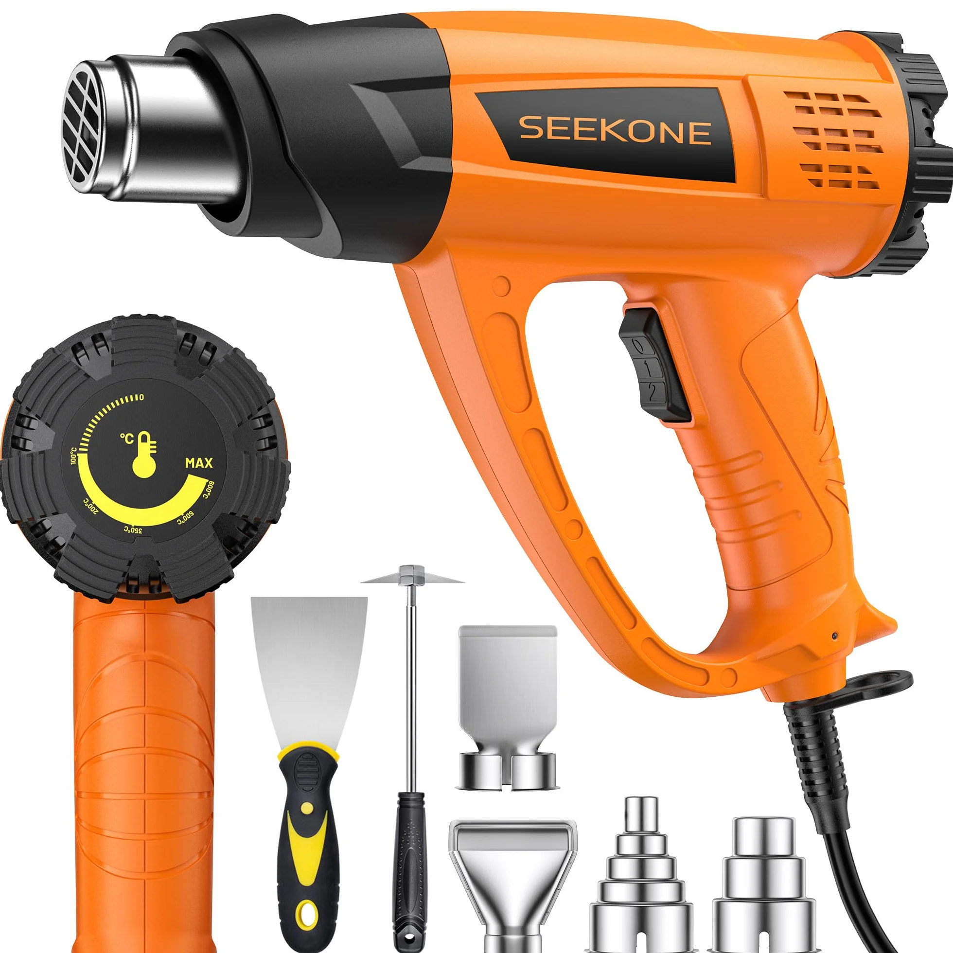 Décapeur Thermique Professionnel 2000W, SEEKONE Pistolet à Air Chaud 60-600℃ Température Réglable, 2 Débit d'air, Protection de Surcharge, Noyau Chauffant Céramique, Poignée Anneau, 7 Accessoires