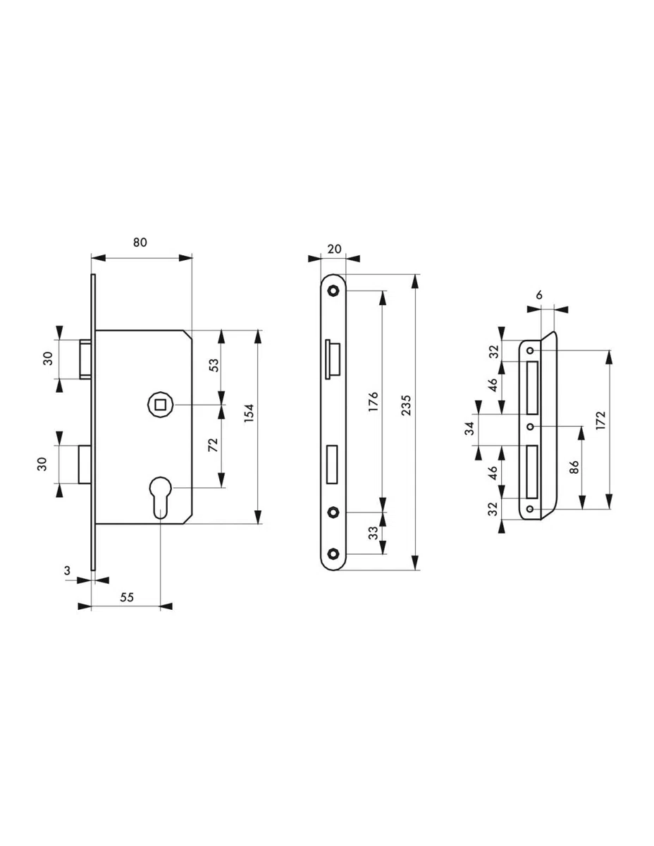 THIRARD - Boîtier de Serrure Encastrable à Cylindre pour Porte d'Entrée - Gauche - Axe 55 mm - Bouts Ronds - Coffre Têtière Gâche Équerre Acier - Mécanisme à 2 Tours - Gris