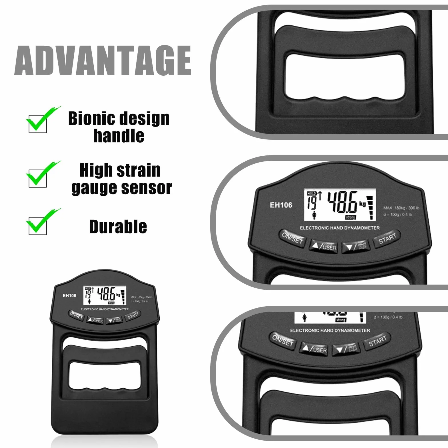 Digitaler Handkraftmessgerät, Schwarz 396lb/180Kg Hand Dynamometer mit USB-Ladekabel Grip Strength Trainer Elektronische Griffkraft Messgerät LED Display Grip Strength Trainer Kraftmesser