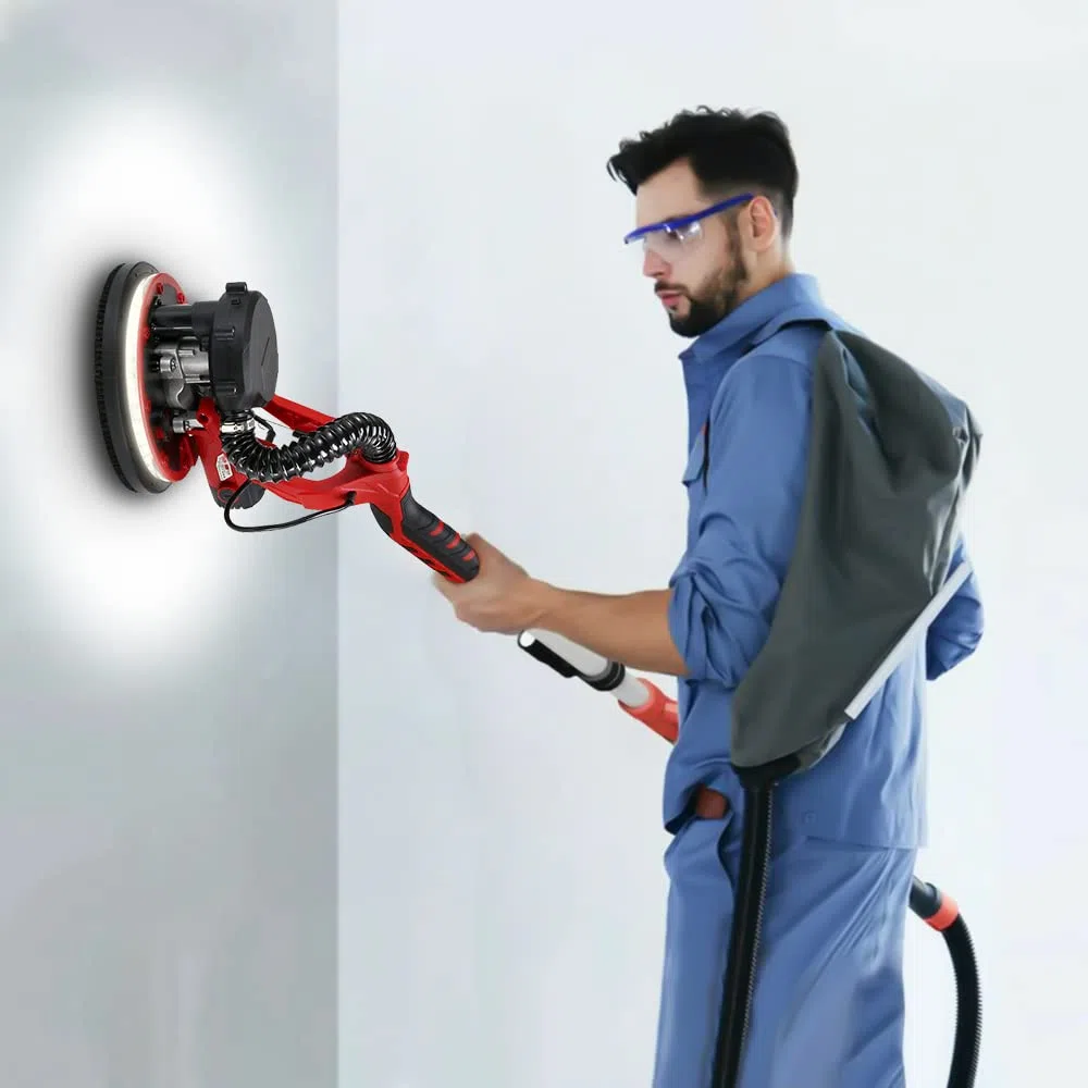 Ponceuse Murale,Ponceuse au Plafond 1390W, 5 Vitesses Réglables, Brosse Amovible, Manche télescopique 2m, 12 PCS Disque de Ponçage, Lumière LED