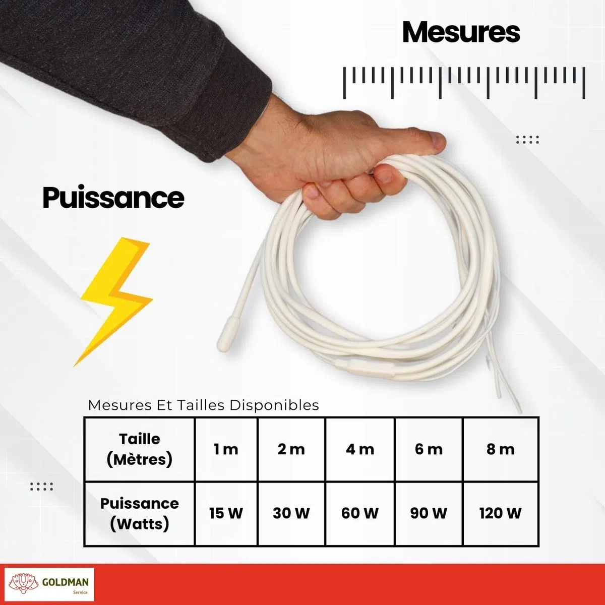 GOLDMAN SERVICE | Câble chauffant avec résistance bipolaire en silicone antigel pour tuyaux | 4 mètres, 60 watts | Incubateurs, aquariums, reptiles, serres, fermentation (4 m | 60W)