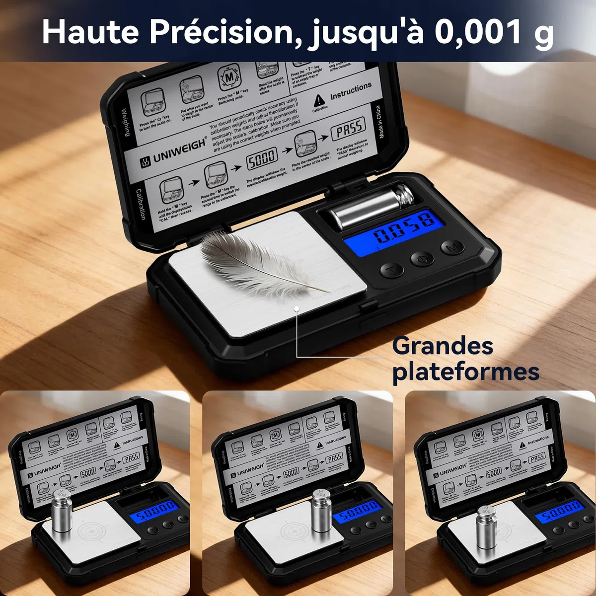 UNIWEIGH Balance de milligramme 50 g/0,001 g numérique de haute précision avec écran LCD/tare, 6 unités de micro-grammes pour poudre médicamenteuse, pièces de monnaie, or, rechargement – Poids Cal