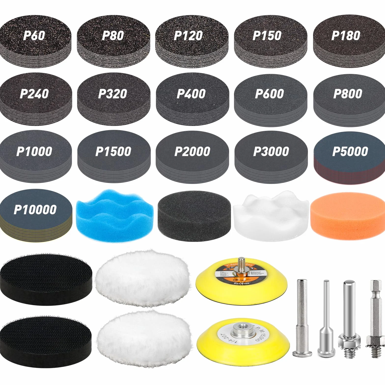 174PCS Papier Abrasif 75MM Grain 60 80 120 150 180 240 320 400 600 800 1000 1500 2000 3000 5000 10000 Disque de Poncage Carrosserie Kit Renovation Phare