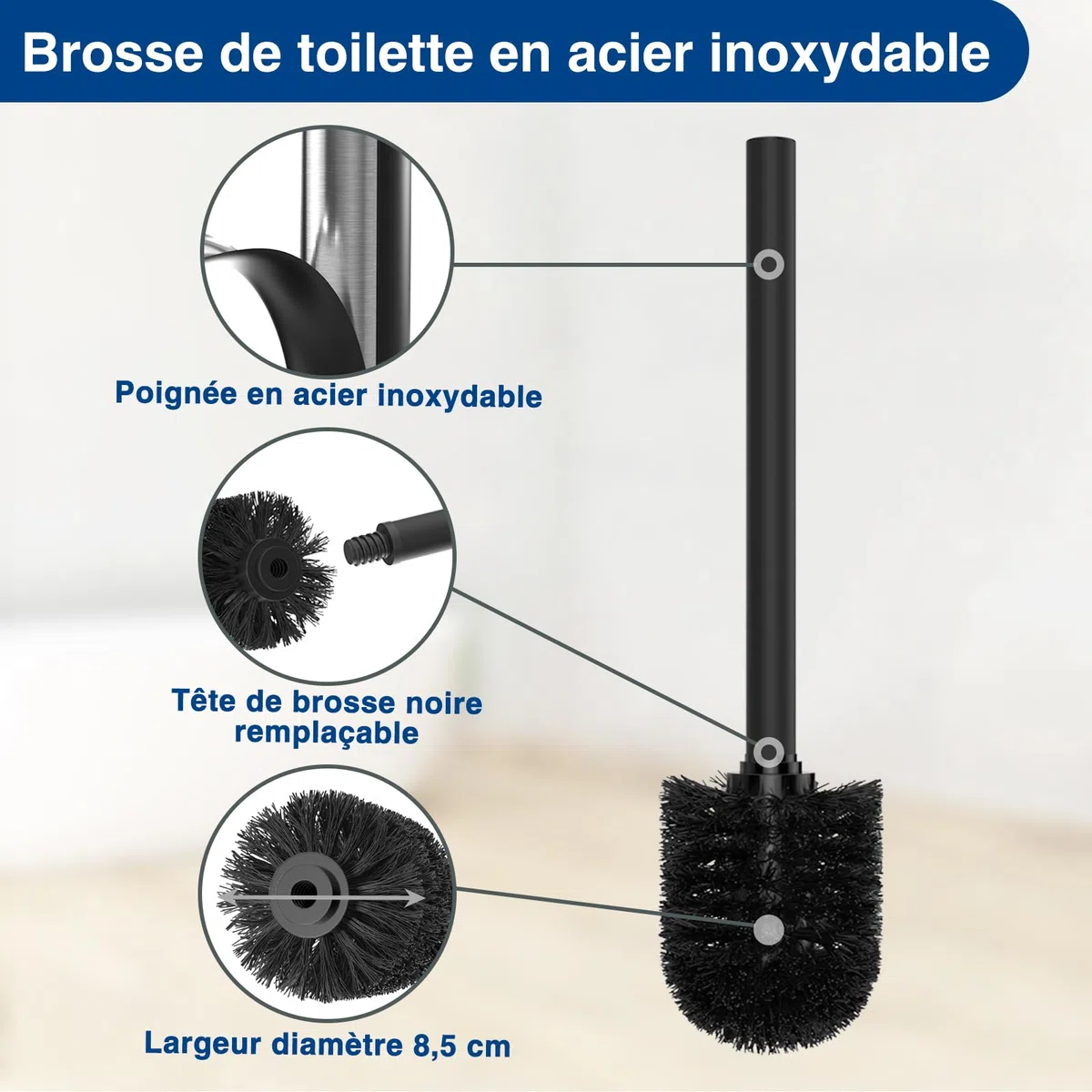 Porte-papier toilette debout en acier inoxydable avec brosse – avec boîte à lingettes humides, ensemble WC
