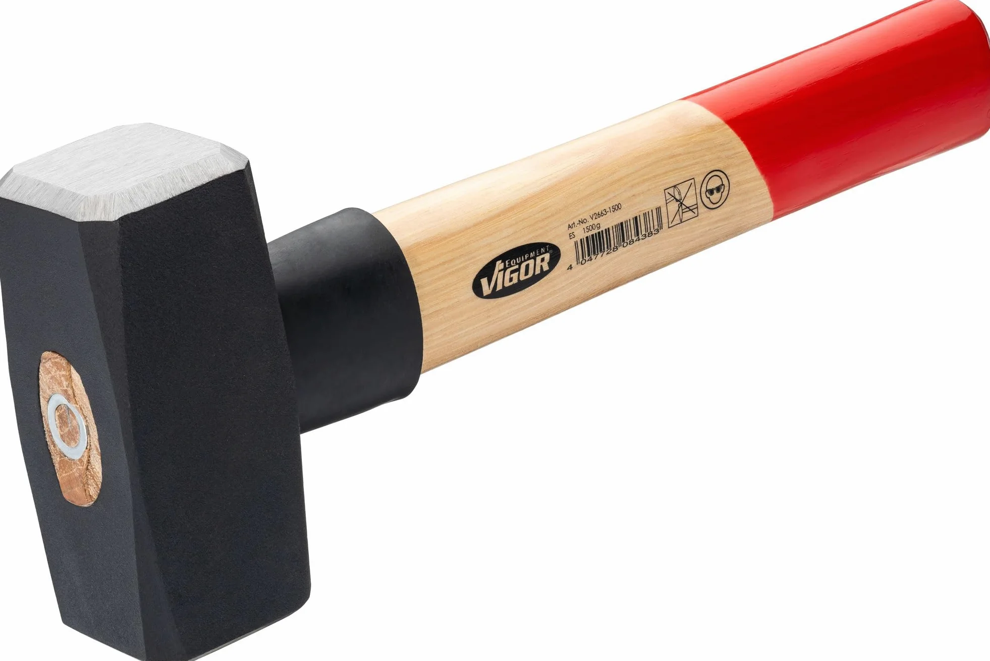 ViGOR V2663-1500 Massette 1500 g, manche en bois d'hickory avec protection contre les chocs en caoutchouc, longueur 280 mm, marteau lourd pour des coups puissants et un travail précis