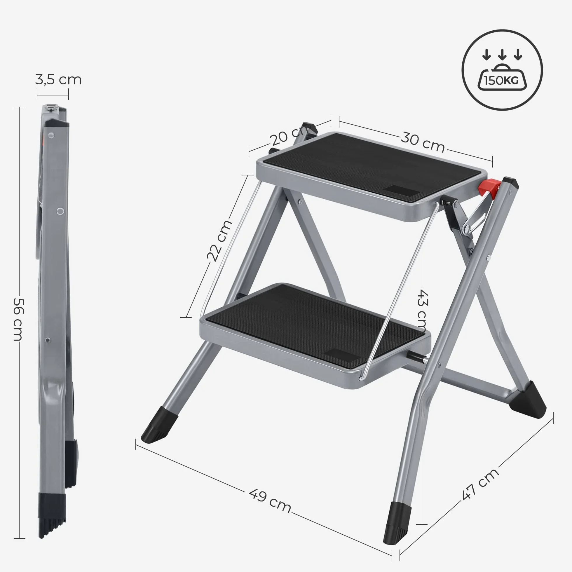 SONGMICS Escabeau à 2 Marches, Marche-Pieds Pliable, Largeur de Marche 20 cm, Caoutchouc Antidérapant, avec Poignée, Charge 150 kg, en Acier, Gris et Noir GSL002GY01