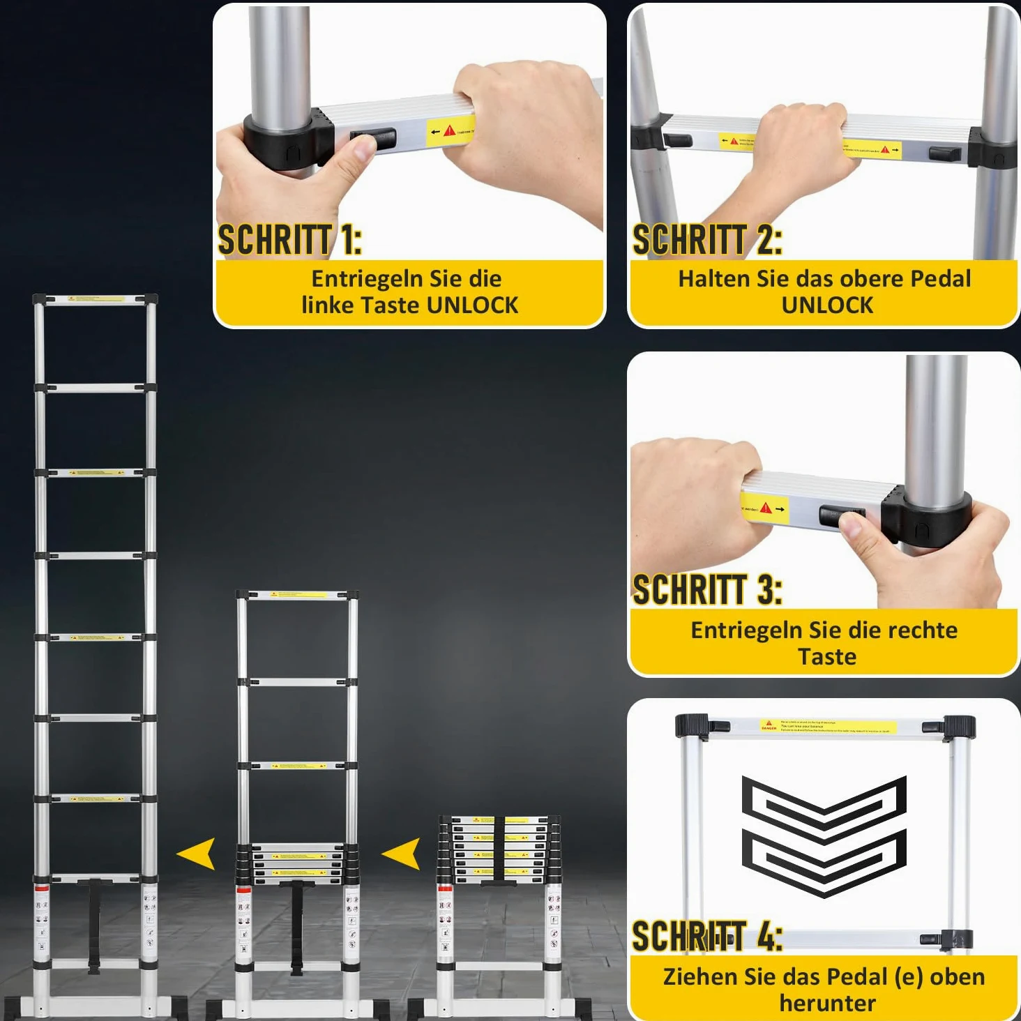 Échelle télescopique en aluminium 3,8 m, échelle extensible avec stabilisateur, échelle en aluminium antidérapante, échelle multifonction extensible, capacité de charge de 150 kg