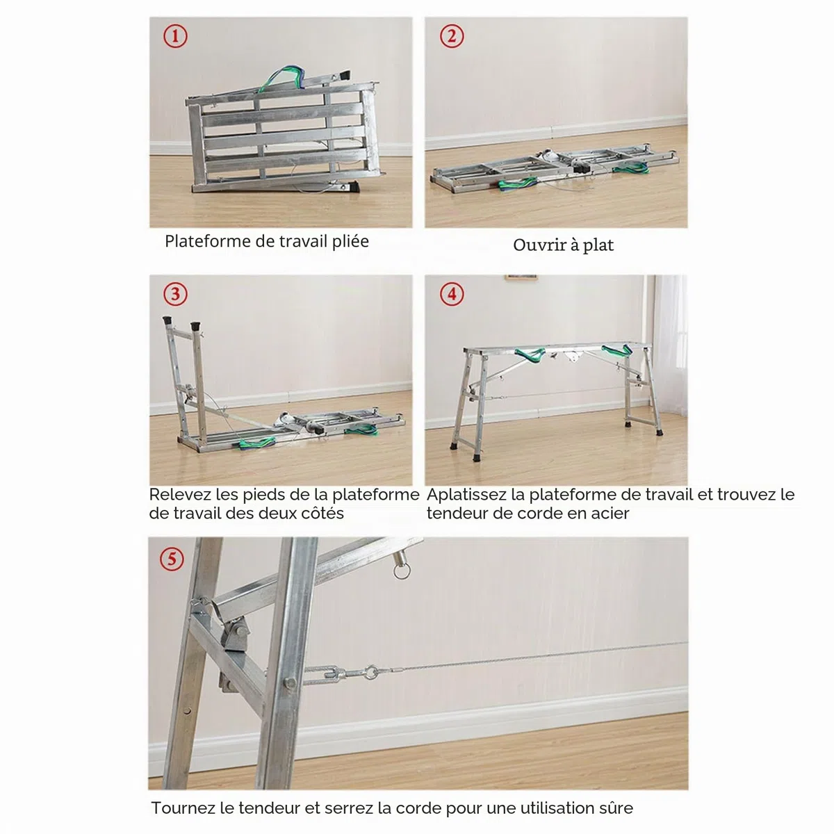 Ausla Plateforme de travail pliable réglable, structure en aluminium, banc d'échelle, pour cloisons sèches, capacité de maximale 200 kg, hauteur réglable 60 à 90 cm,